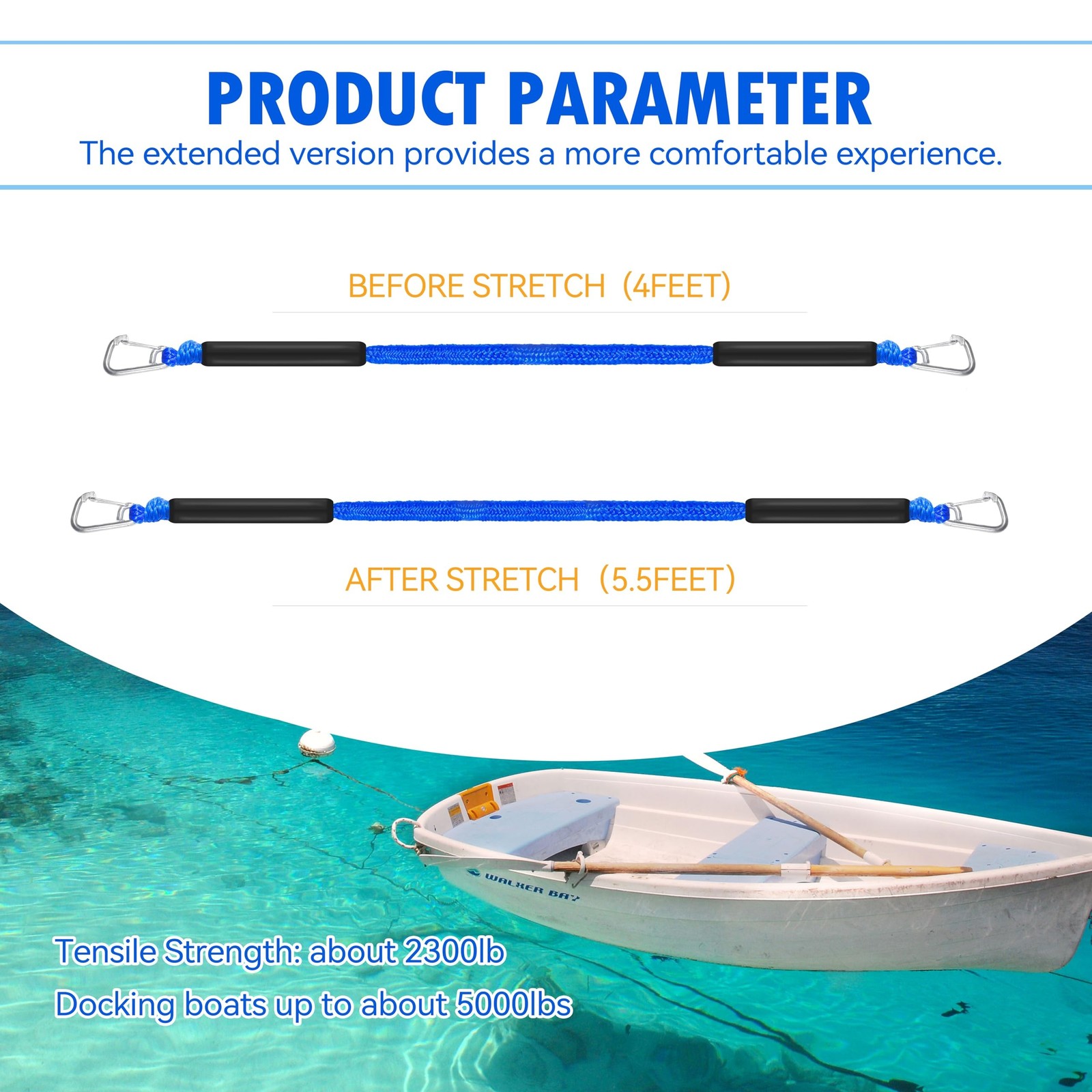 4ft Bungee Dock Lines for Boat, Dock Mooring Ropes, Two Hooks (Blue, 4FT) Blue
