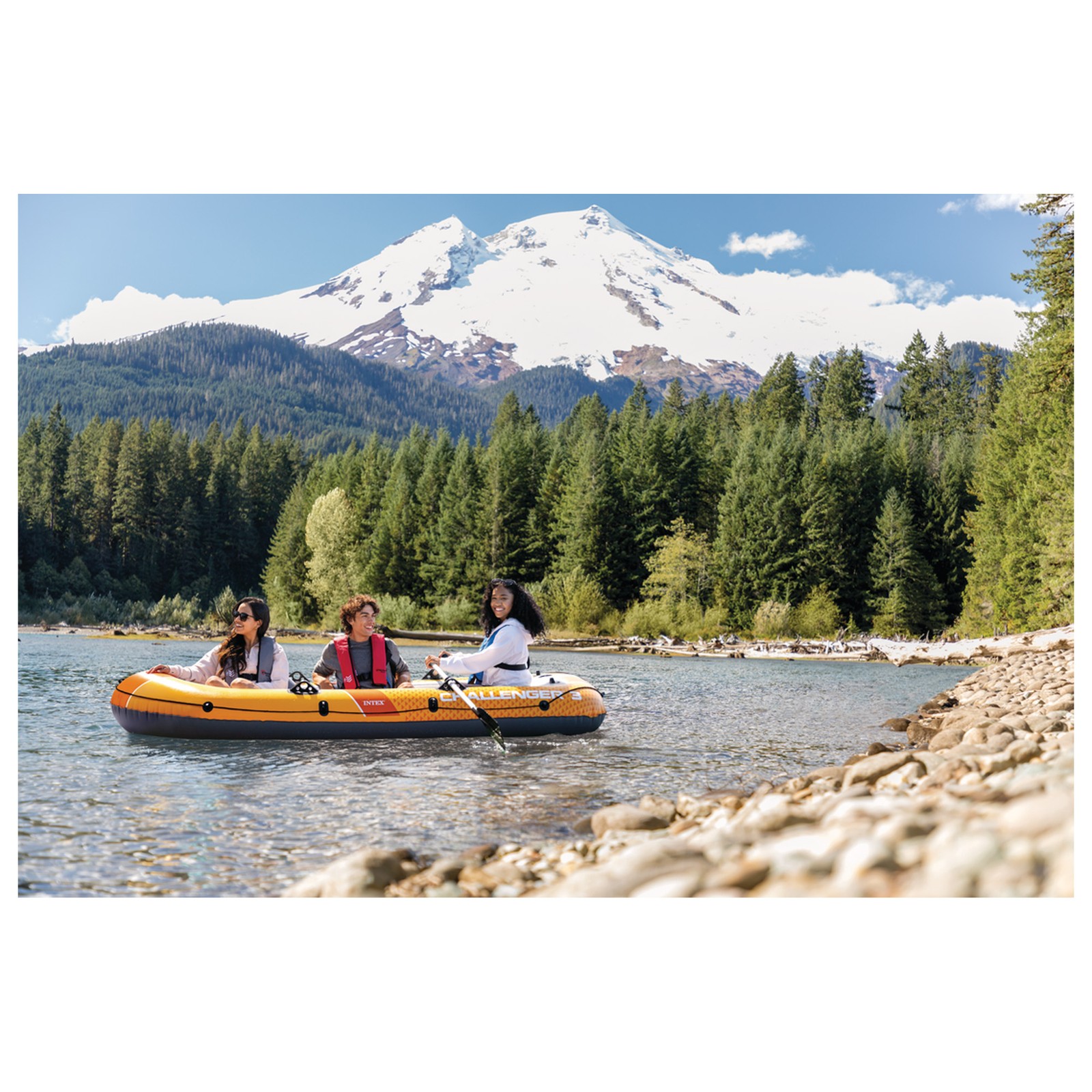 INTEX Challenger 3 Inflatable Boat Set with 54″ Oars, Pump, & Oar Locks (Used)