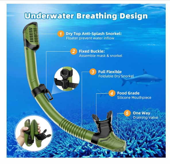 Snorkel Set Army Green Adult Mask Anti-Fog Anti-Leak Dry Top Dive Gear Kit, Gift