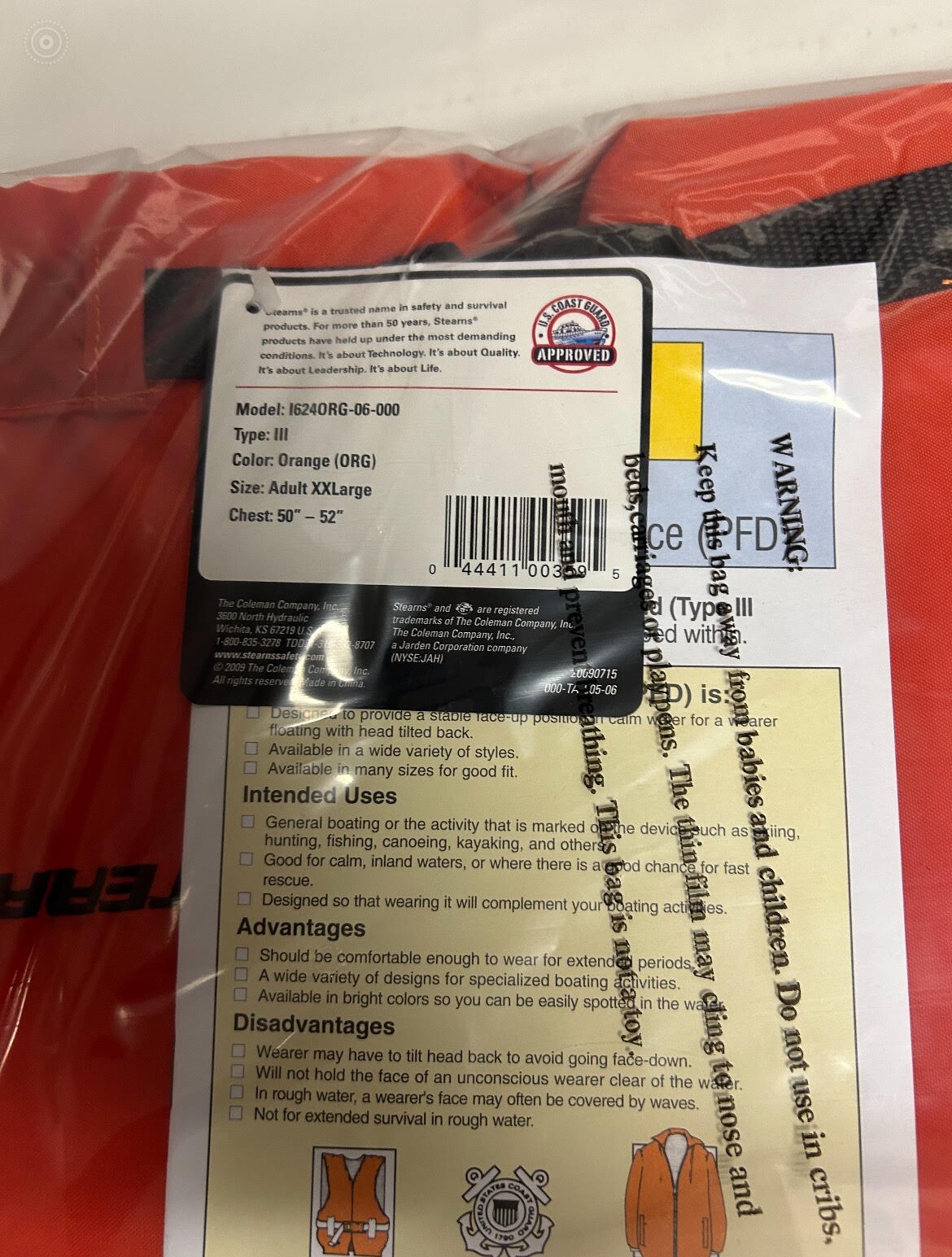 Stearns Personal Floatation Device (PFD) TYPE III Model# l624ORG-06-000 XXL