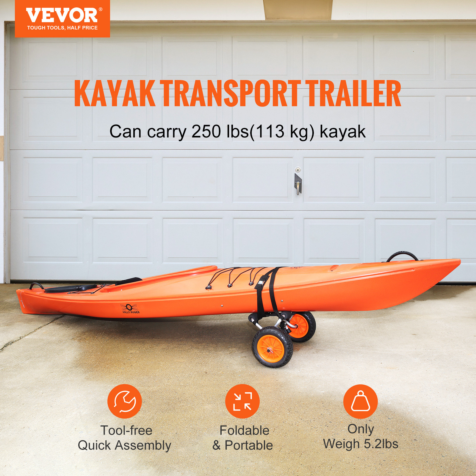 VEVOR Foldable Kayak Cart Canoe Boat Carrier 250lbs Load with 10” Solid Tires