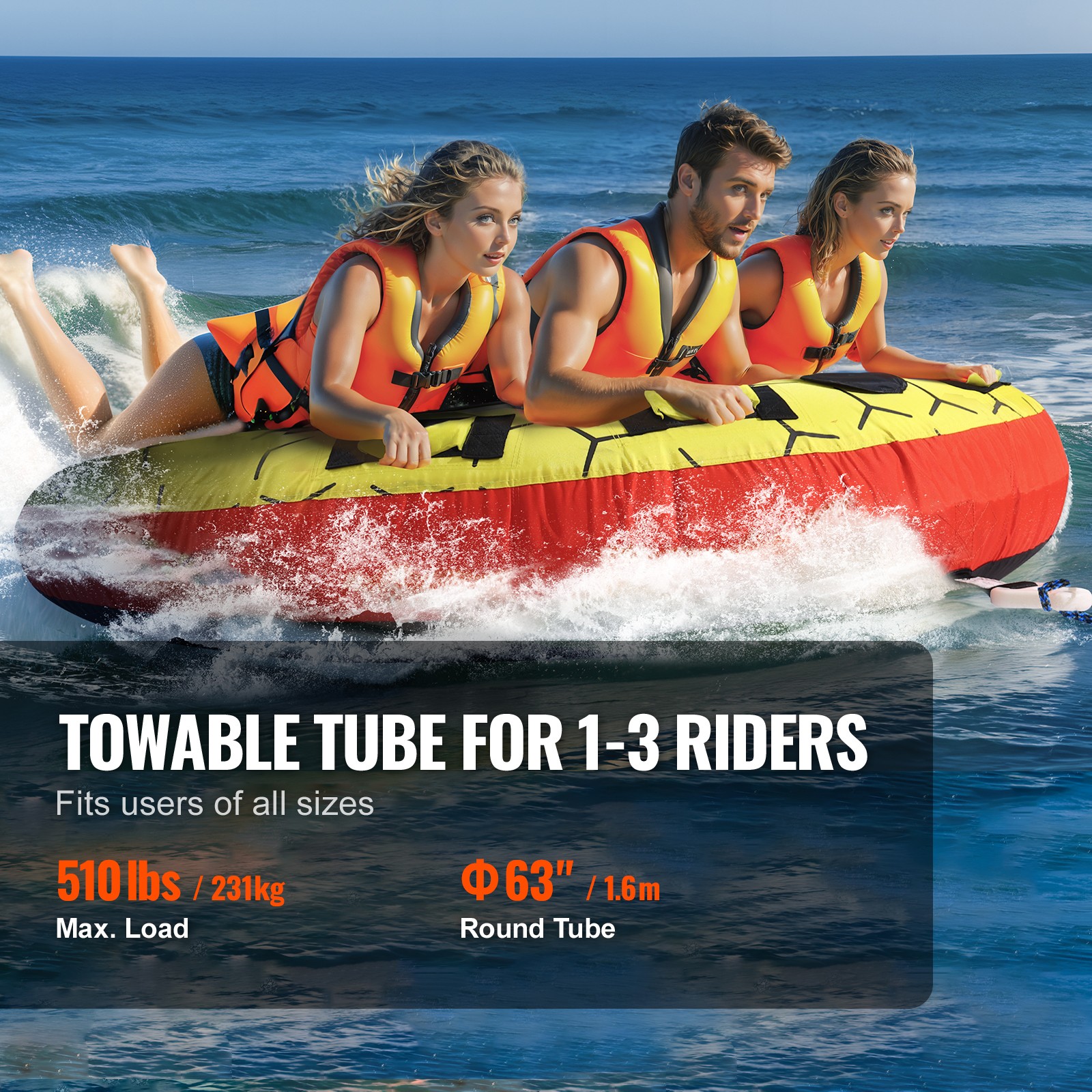 VEVOR Inflatable Towable Tube for Boating 1-3 Rider 63 inch Round Water Sport
