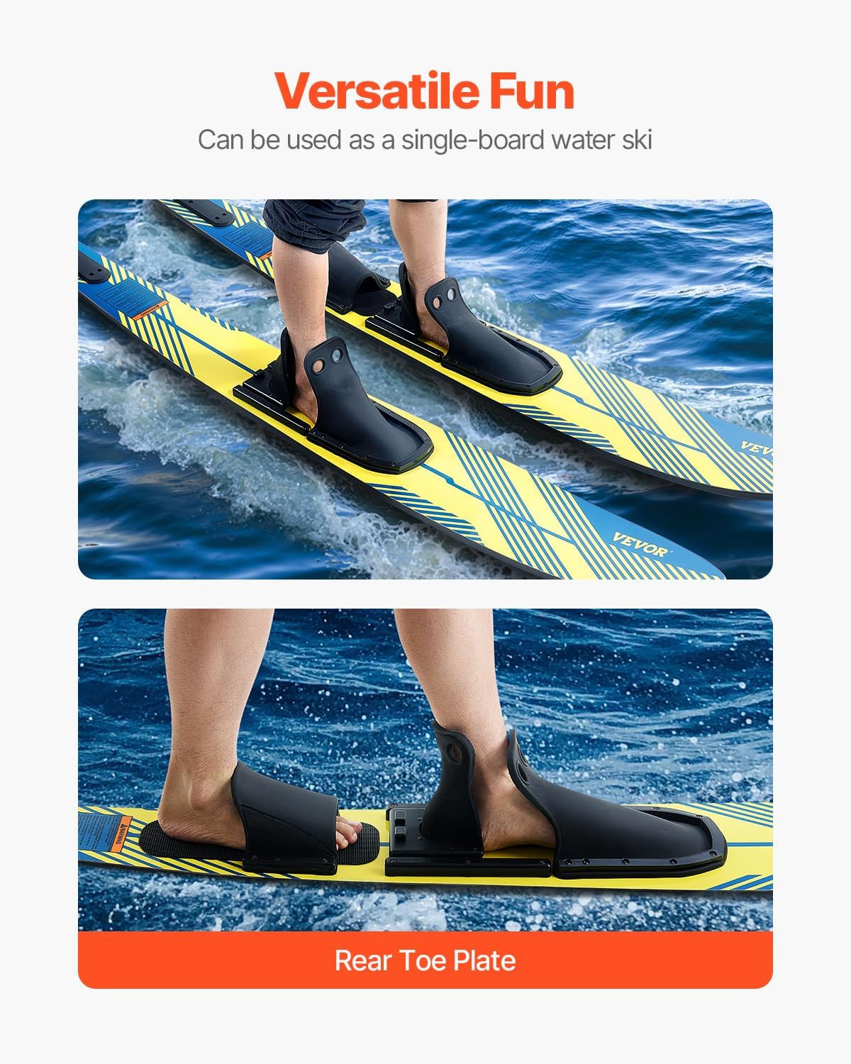 Adult Water Skis with Adjustable Bindings & Padded Toe Plate, 300 Lbs Capacity
