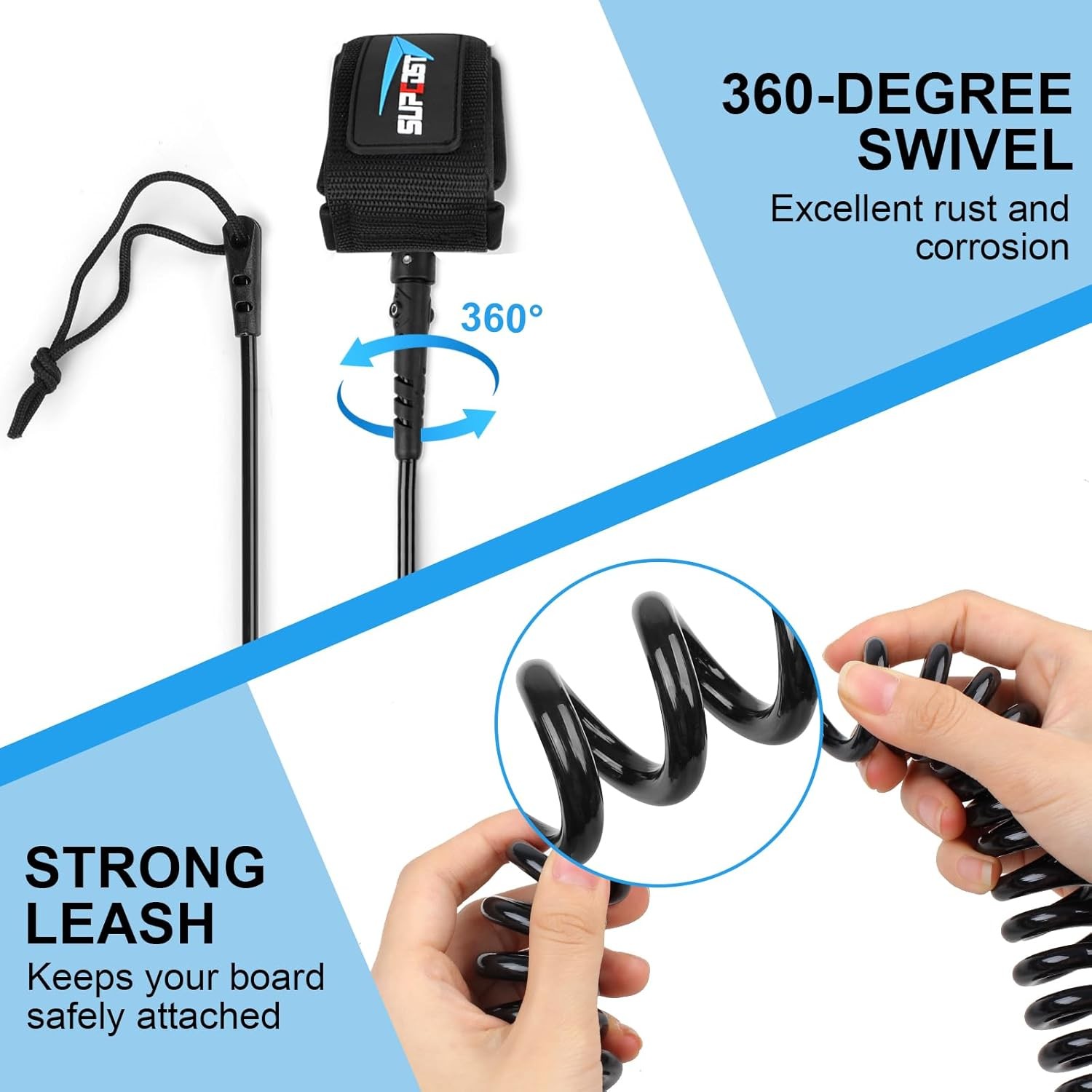 10 ft Surf Board Leash, 5.5mm/7.0mm Thick Urethane Coiled Paddle 5.5mm, Black