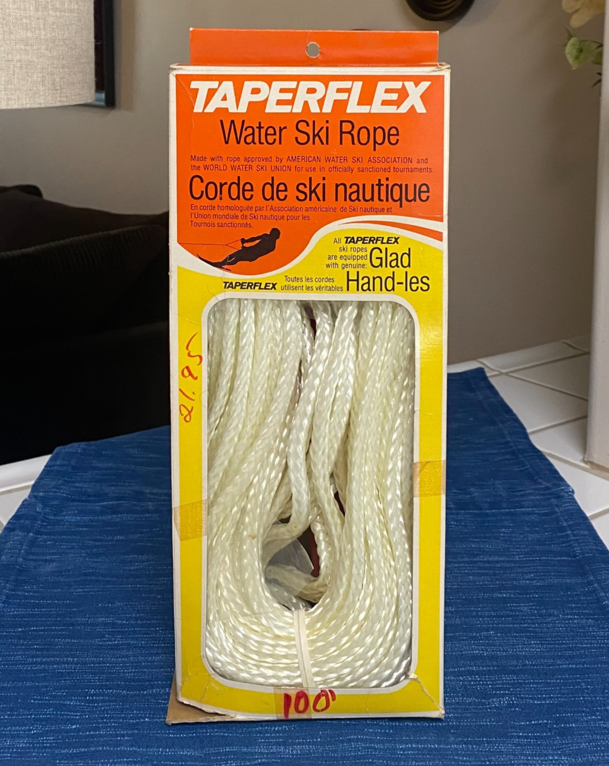 Vintage Water skiing Taperflex 100′ SKI TOW Handle Rope Boating 87B