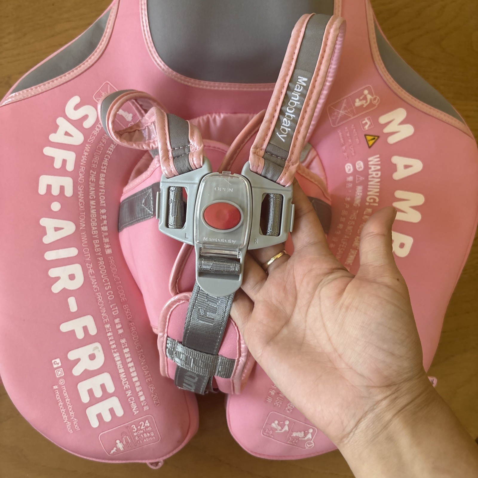 MAMBOBABY Air-Free Float Baby Swimming Ring, Pink w/ Safety Harness