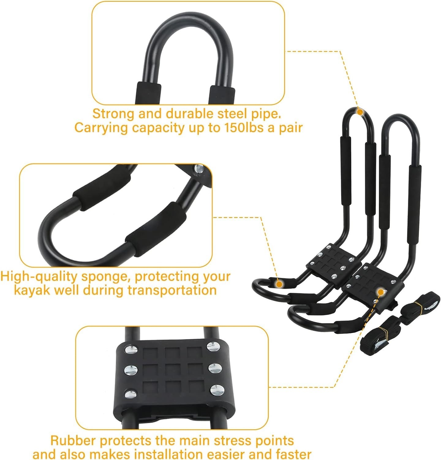 Universal Kayak J-Bar Roof Rack – Supports 150lbs, Includes Tie-Down Straps