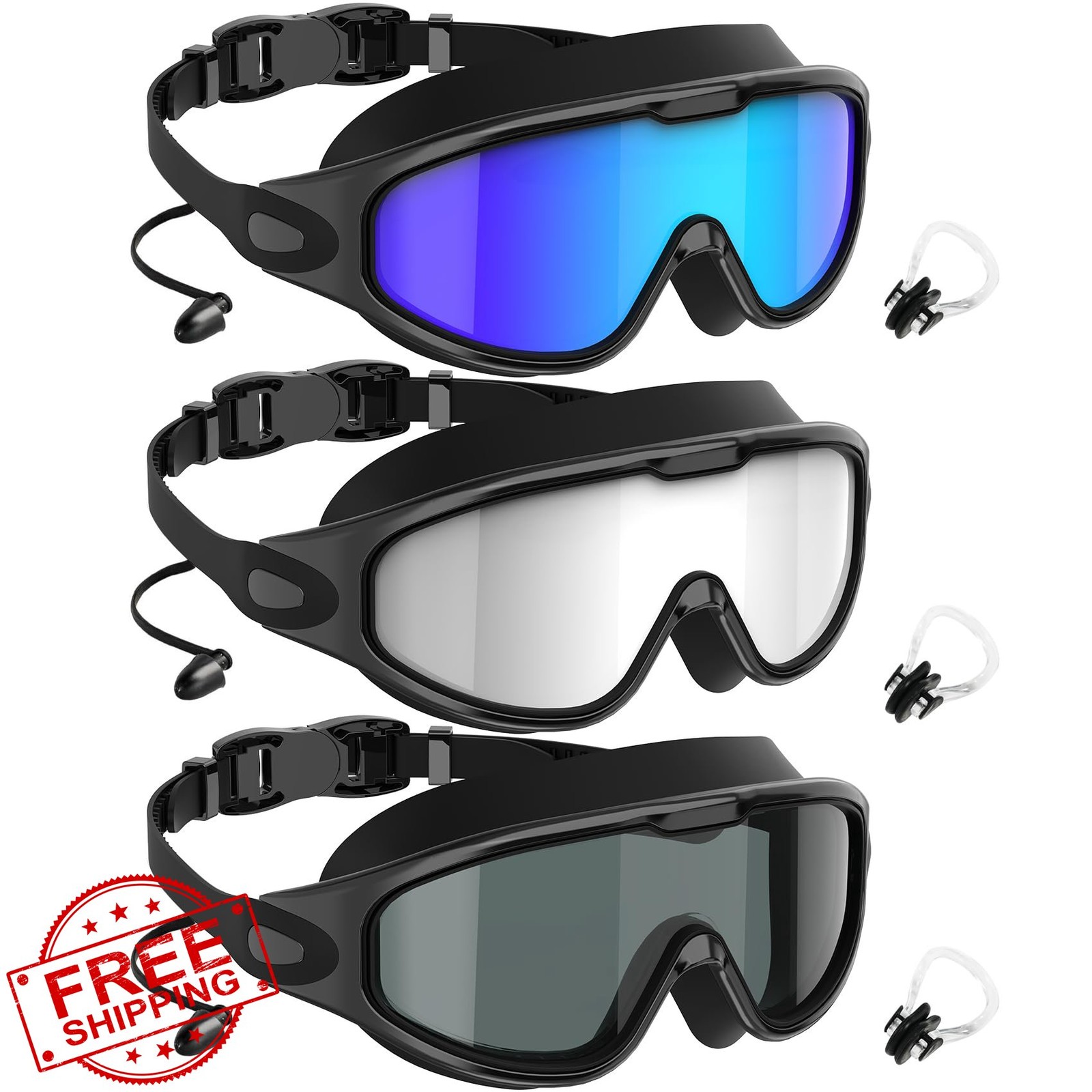 3 Pack Adult Swim Goggles Anti Fog No Leak Wide View UV Protection Swimming