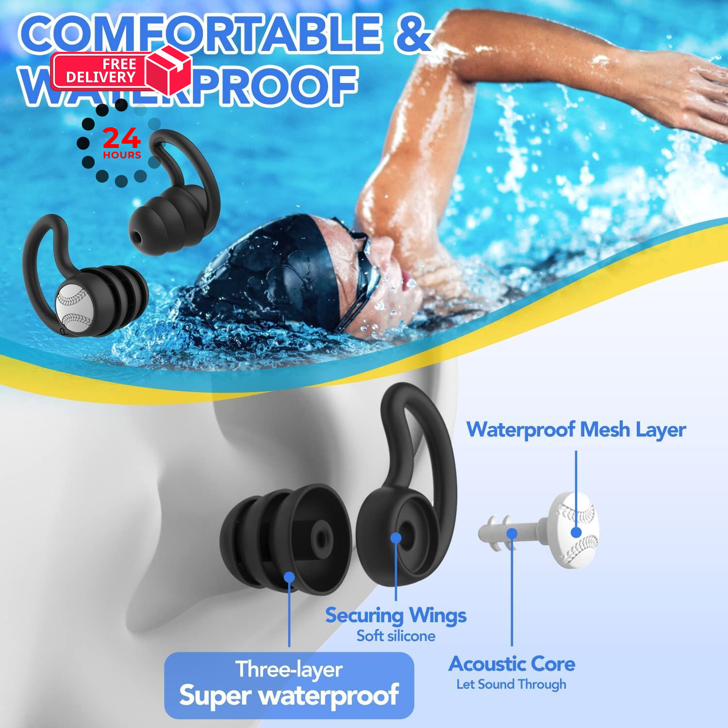 Swimming Ear Plugs Waterproof Earplugs – 3 1 pair (Pack of 3), Green, Black
