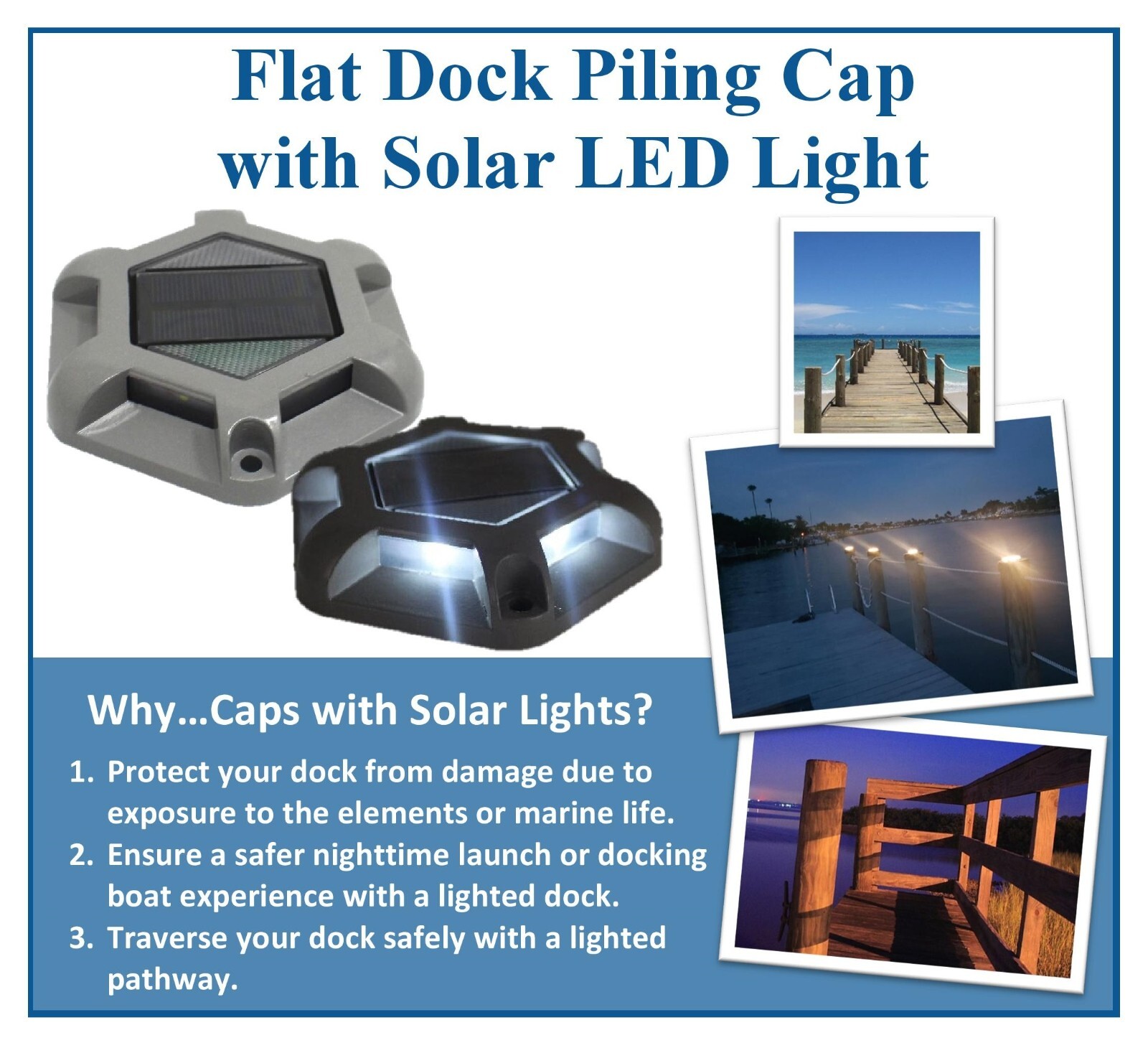 White Flat Dock Piling Cap with Outdoor Solar Powered Waterproof LED White Light