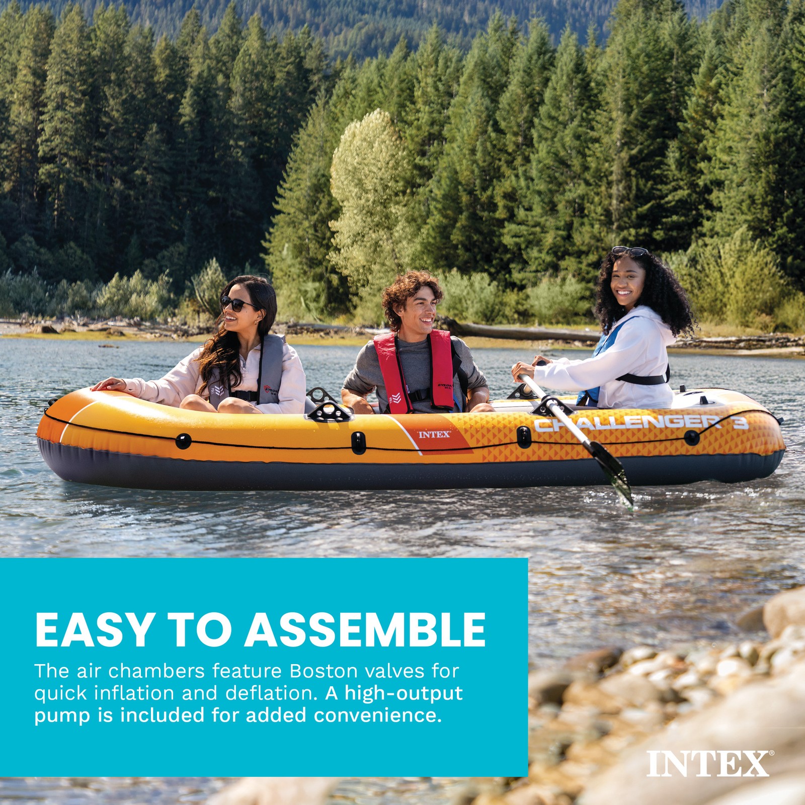 INTEX Challenger 3 Inflatable Boat Set with 54″ Oars, Pump, & Oar Locks (Used)