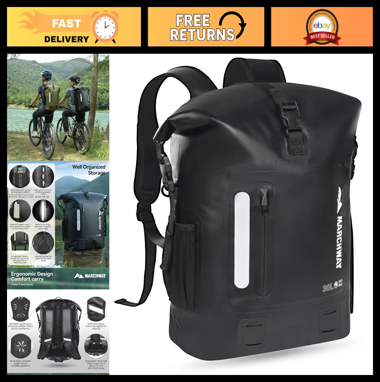 Waterproof Roll Top Backpack Dry Bag 20L/30L/45L, Ergonomic Cushioned Back, Hip