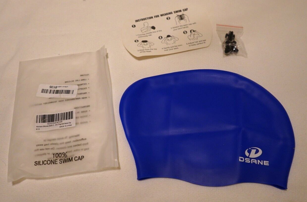 100% Silicone DSANE Swim Cap Royal Blue Nose Ear Plugs New NWOT