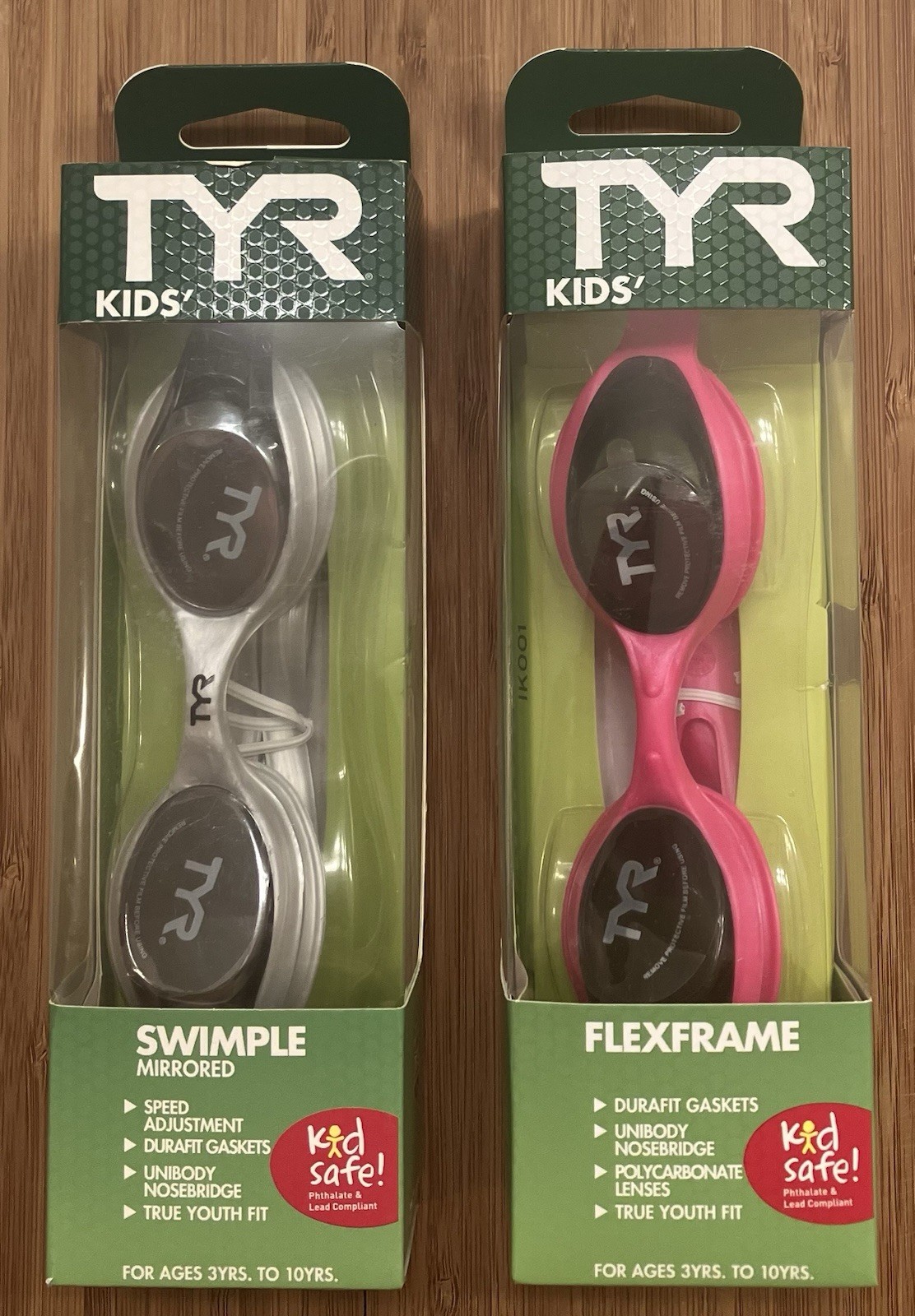 2 PACK TYR Kids Swim Goggles: 1 Swimple-Mirrored/Grey & 1 Flexframe-Tinted/Pink