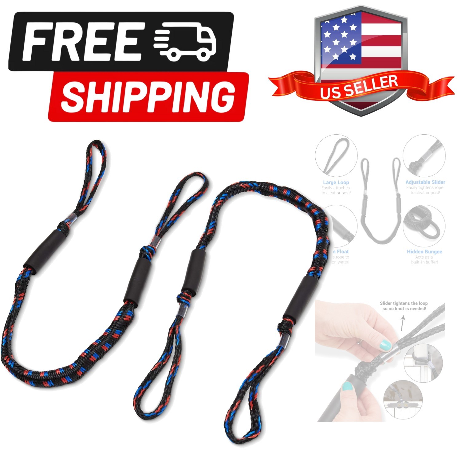 Bungee Dock Line 2-Pack-4ft, Adjustable No-Jerk Boat & Kayak Ties, Mooring R…