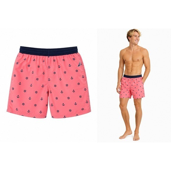 Nautica Men S Pink Nautical Swim Trunks Boat Wheel Anchor Elastic Waist Shorts