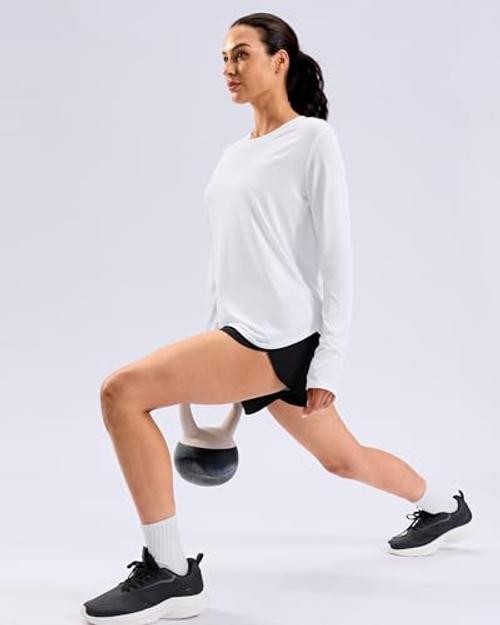 Lightweight Long Sleeve Workout Tops for Women Hip-Length Quick Large A White