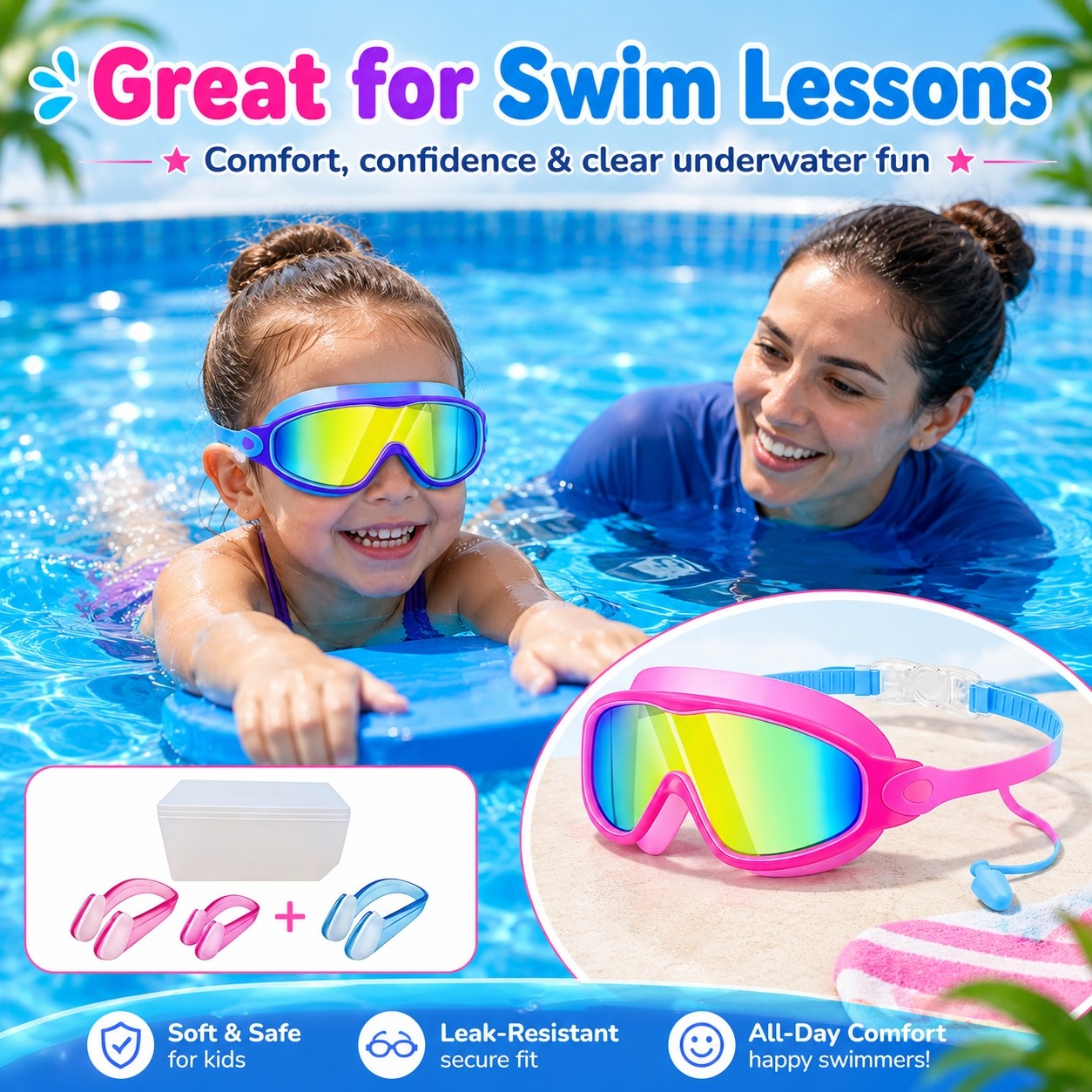 4 Pack Children’s Swimming Goggles,With Nose Clip & Earplug,3-14 Years Boy/Girl