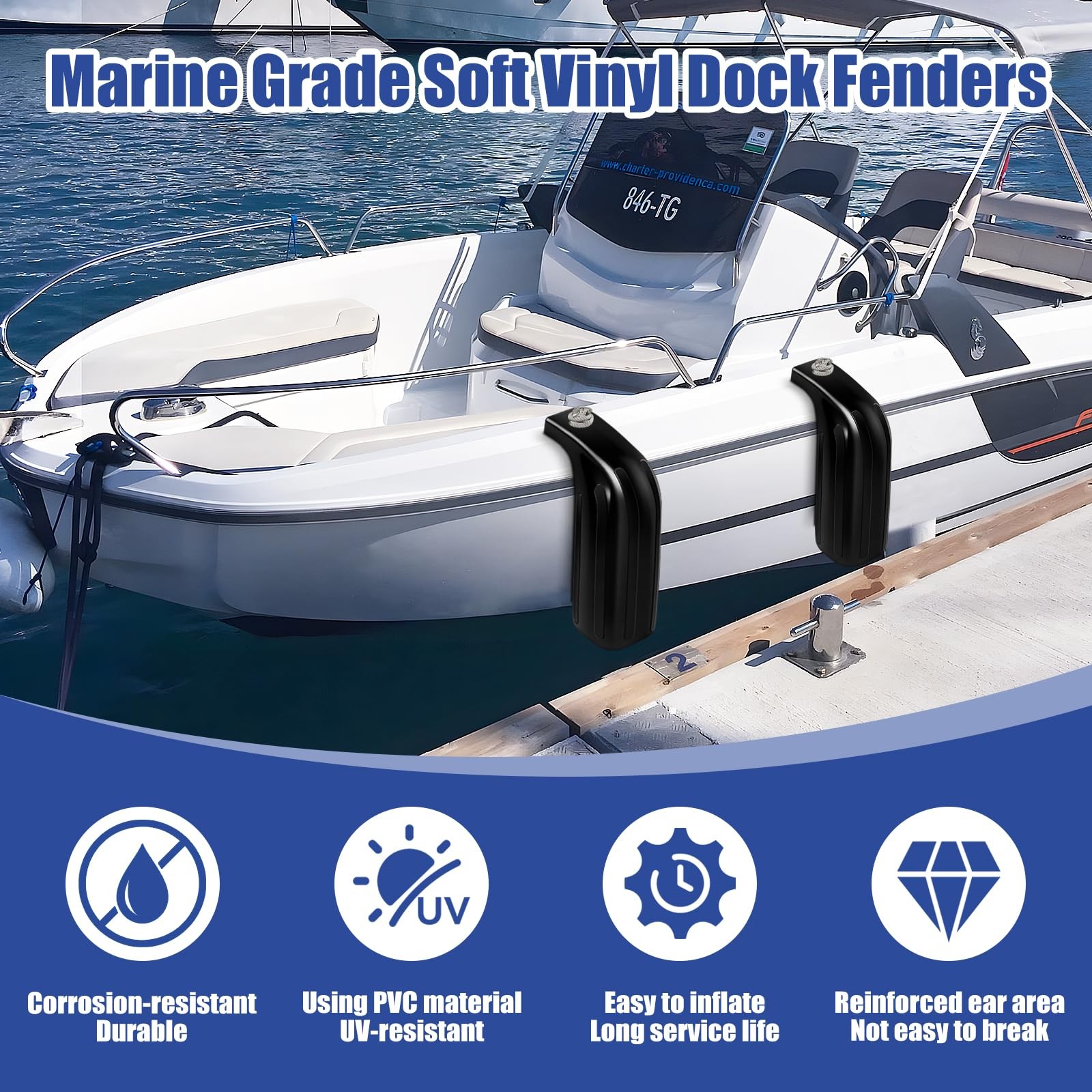 Boat Fender Bumpers for Docking, Low Freeboard 2 Pack-Black