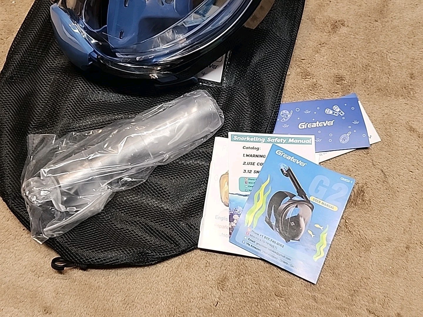 Greatever G2 Full Face Snorkel Mask Latest Dry Top System Foldable L / XL Blue