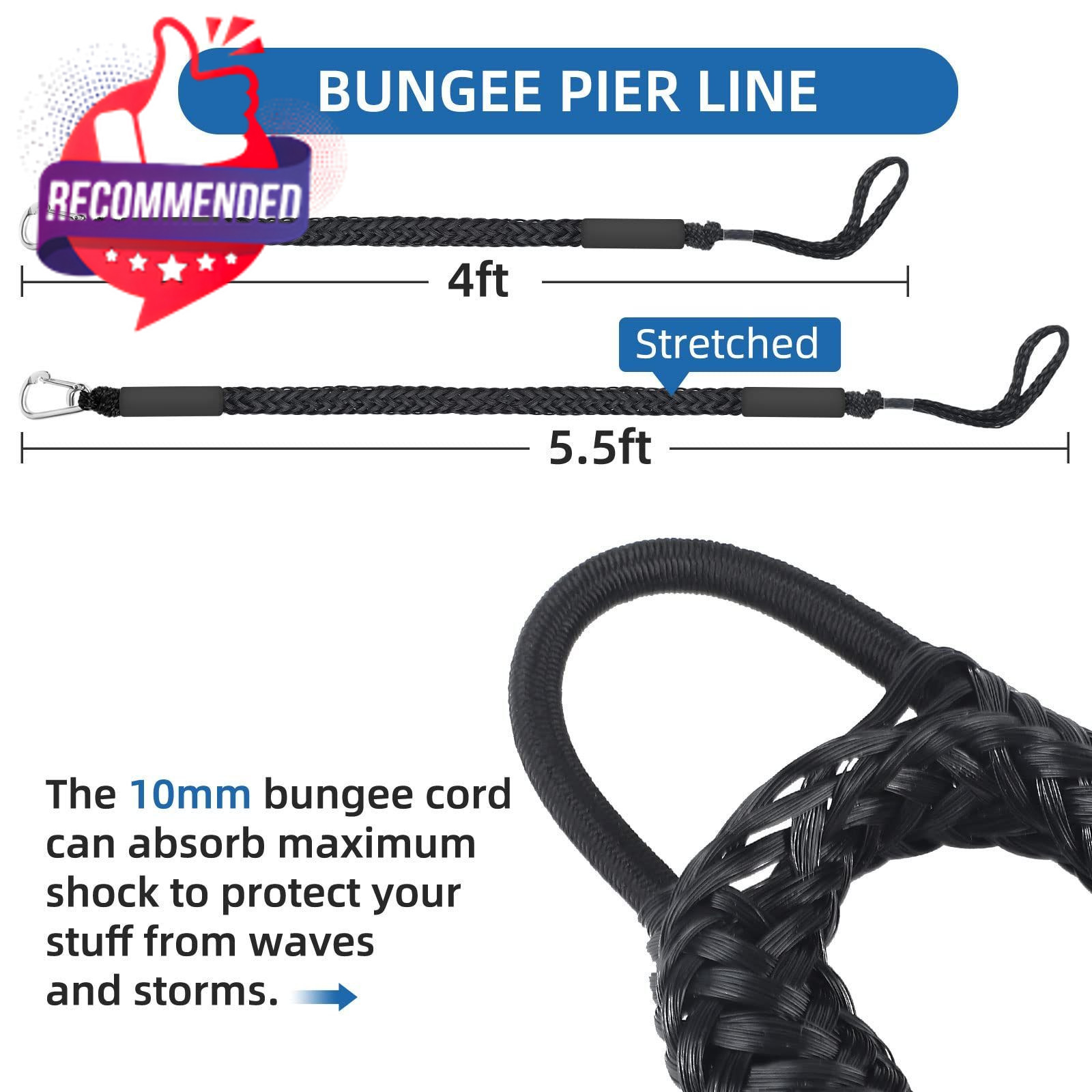 Bungee Dock Lines for Boats 4ft, 2 Pack Shock Absorbing Mooring 4Ft, Black