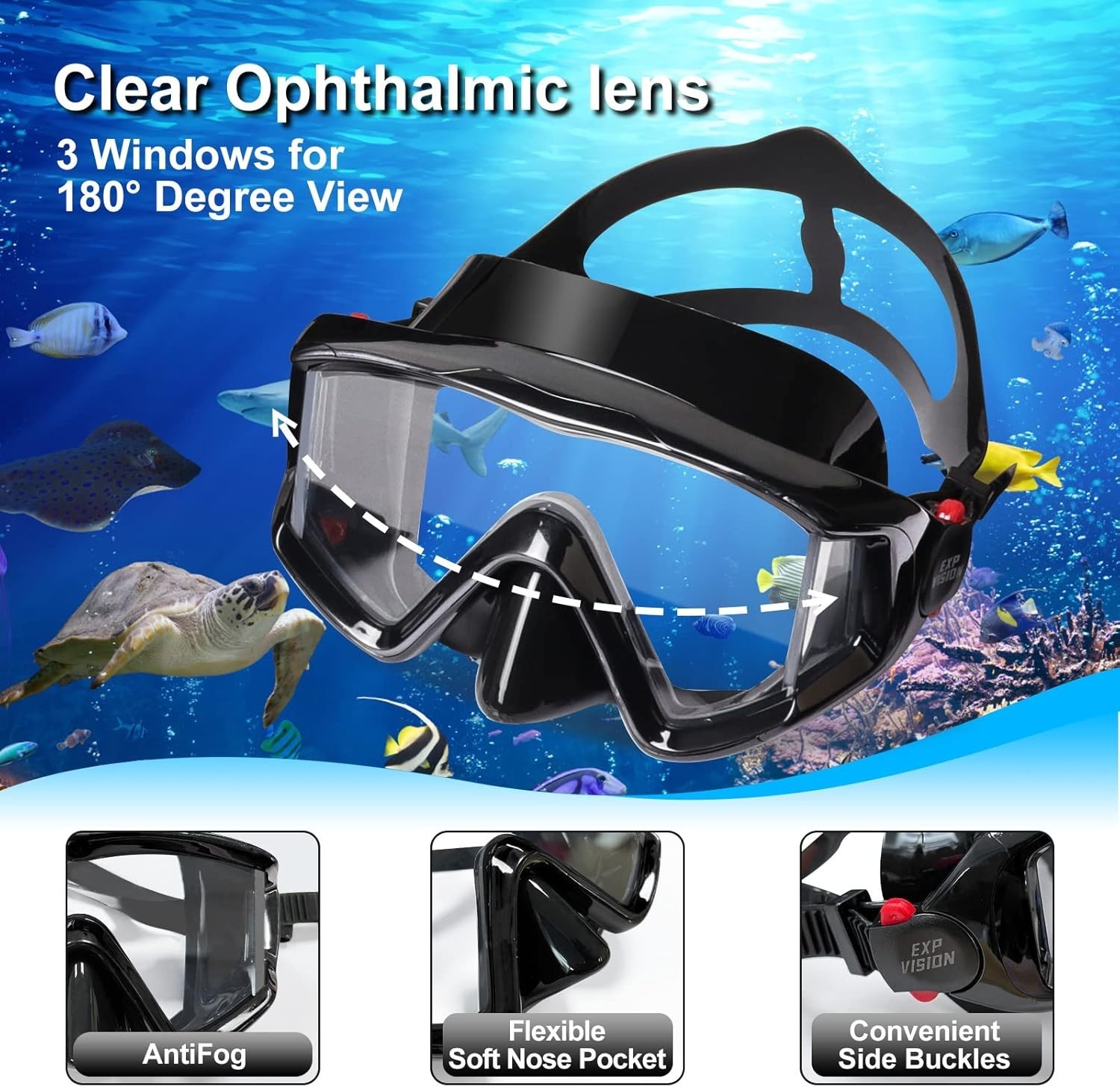 Snorkel Set Pano 3 Window Adult Snorkeling Gear, Professional Snorkel Goggles…