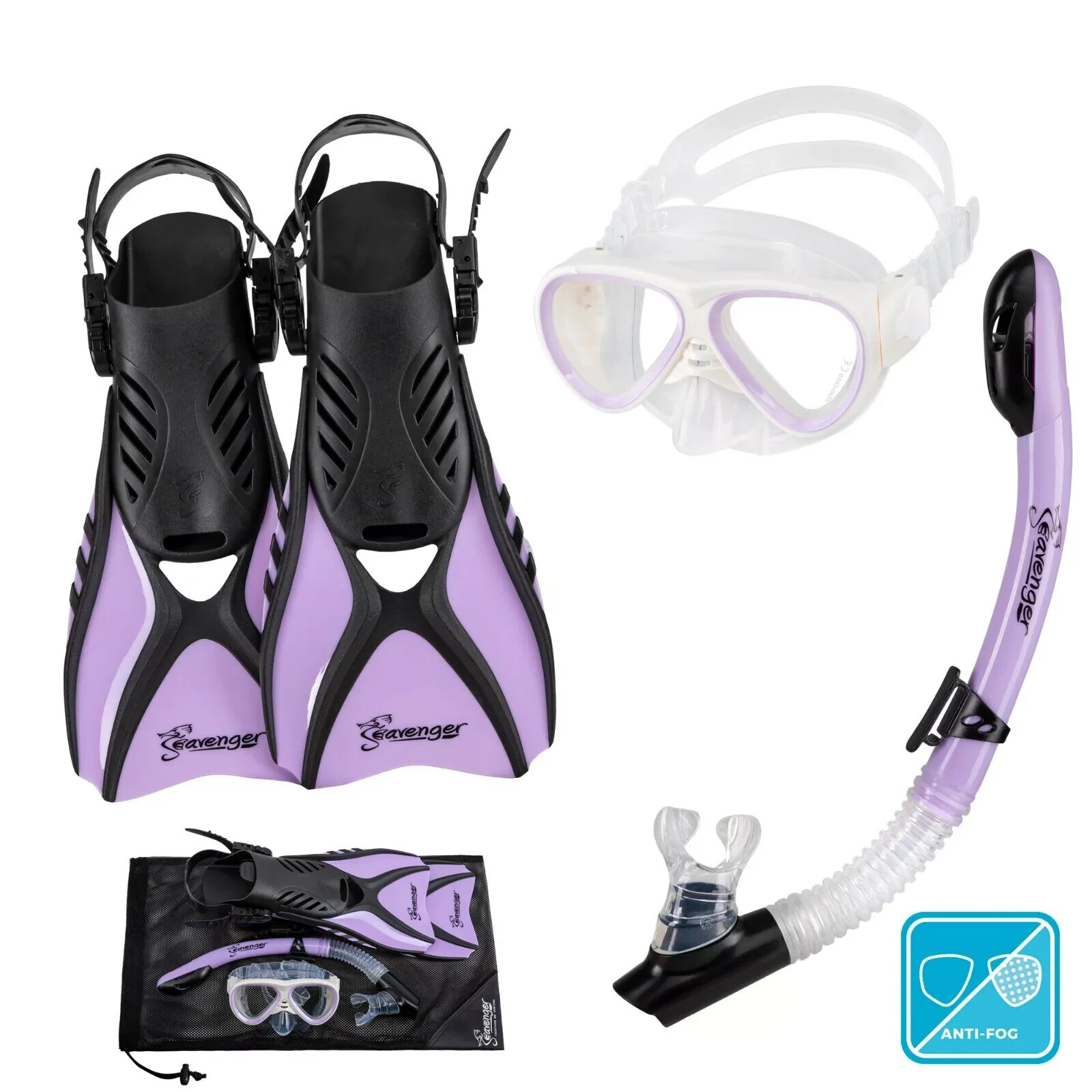 Seavenger Kids Dry Top Snorkel Mask Fins Bag Travel Set – Soft Lavender – XS