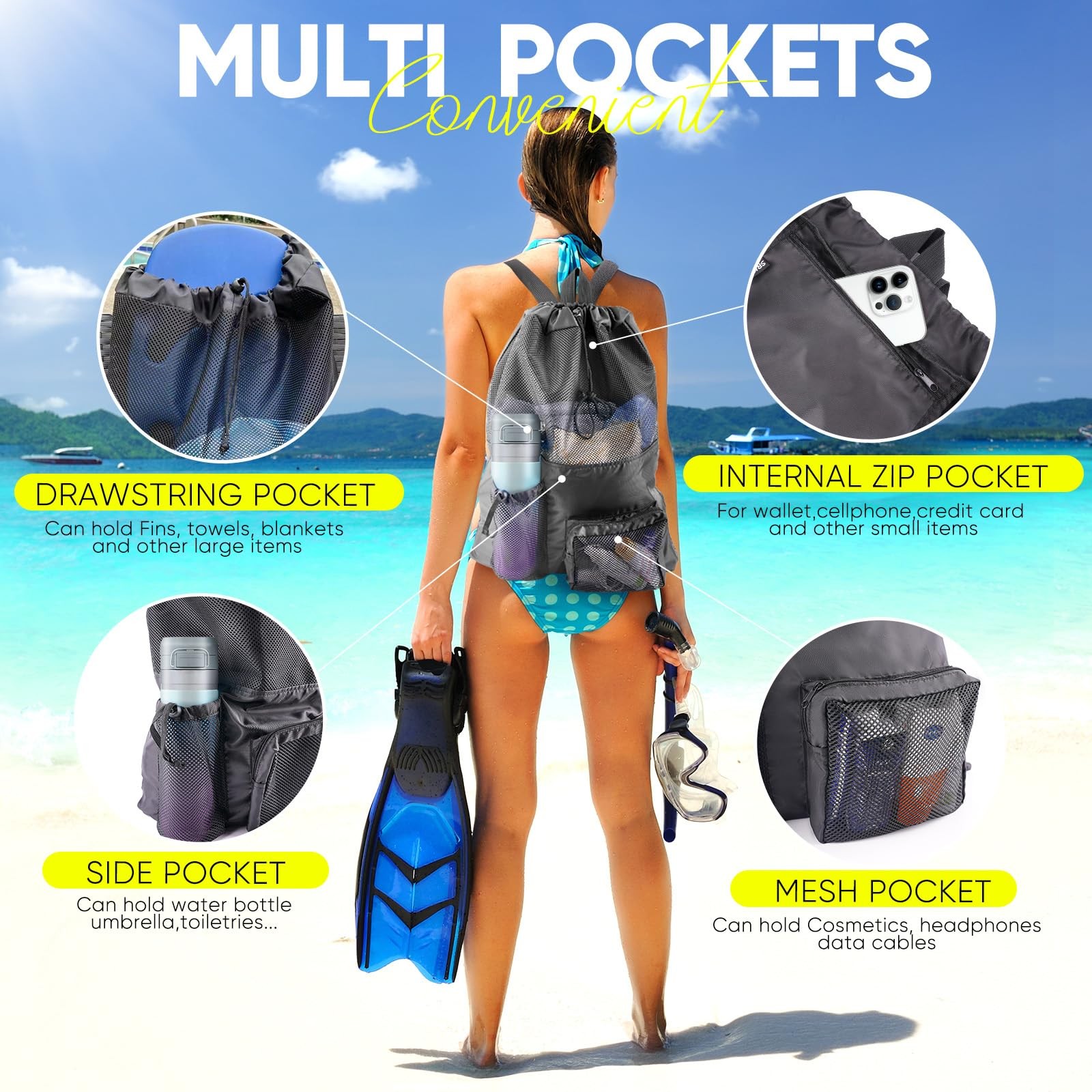 Mesh Swim Bag Beach Drawstring Backpack, Waterproof Gym Bags for Women and Me…
