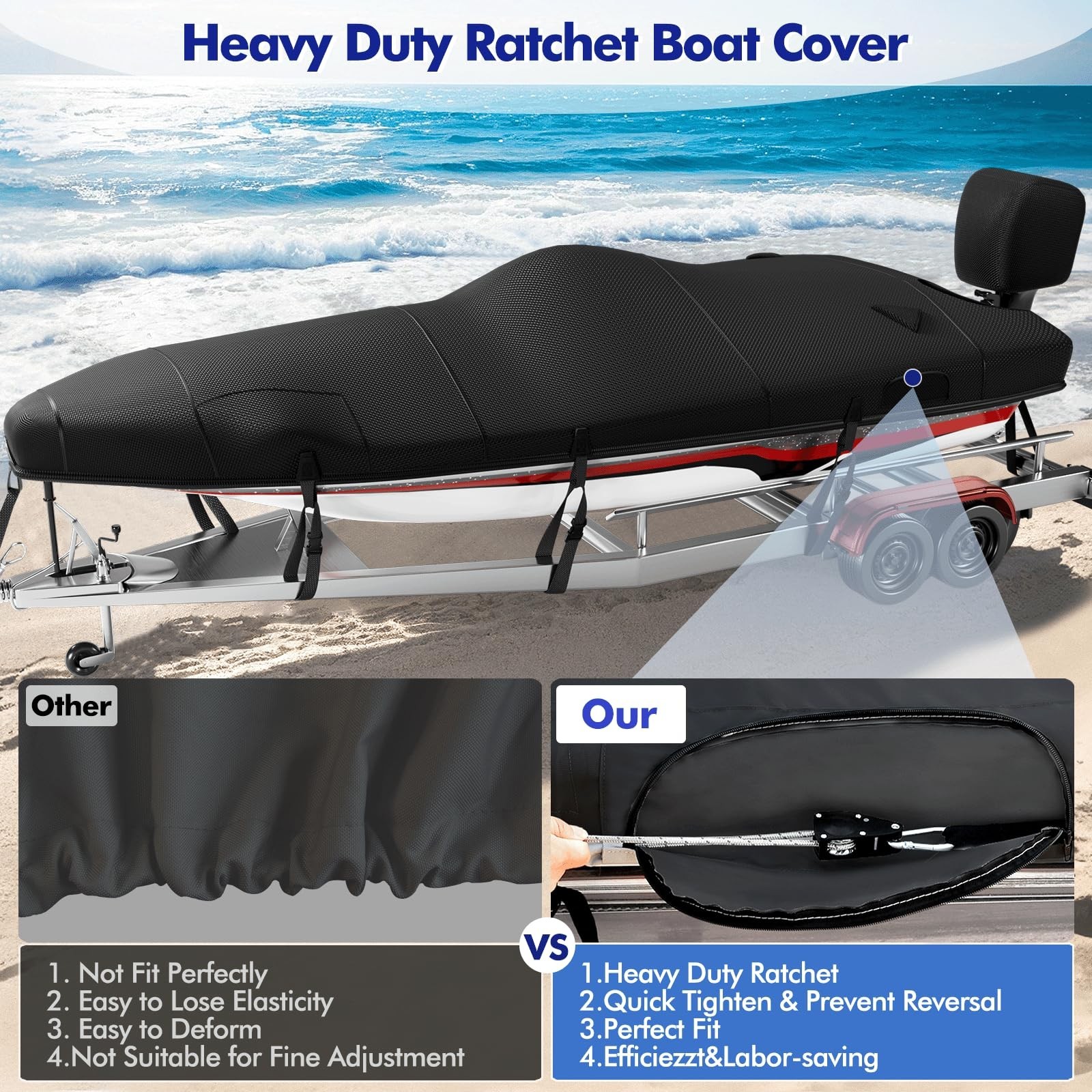 1200D Ratchet Custom Trailerable Bass Boat Cover 20-22ft,Black | Ratchet to F…