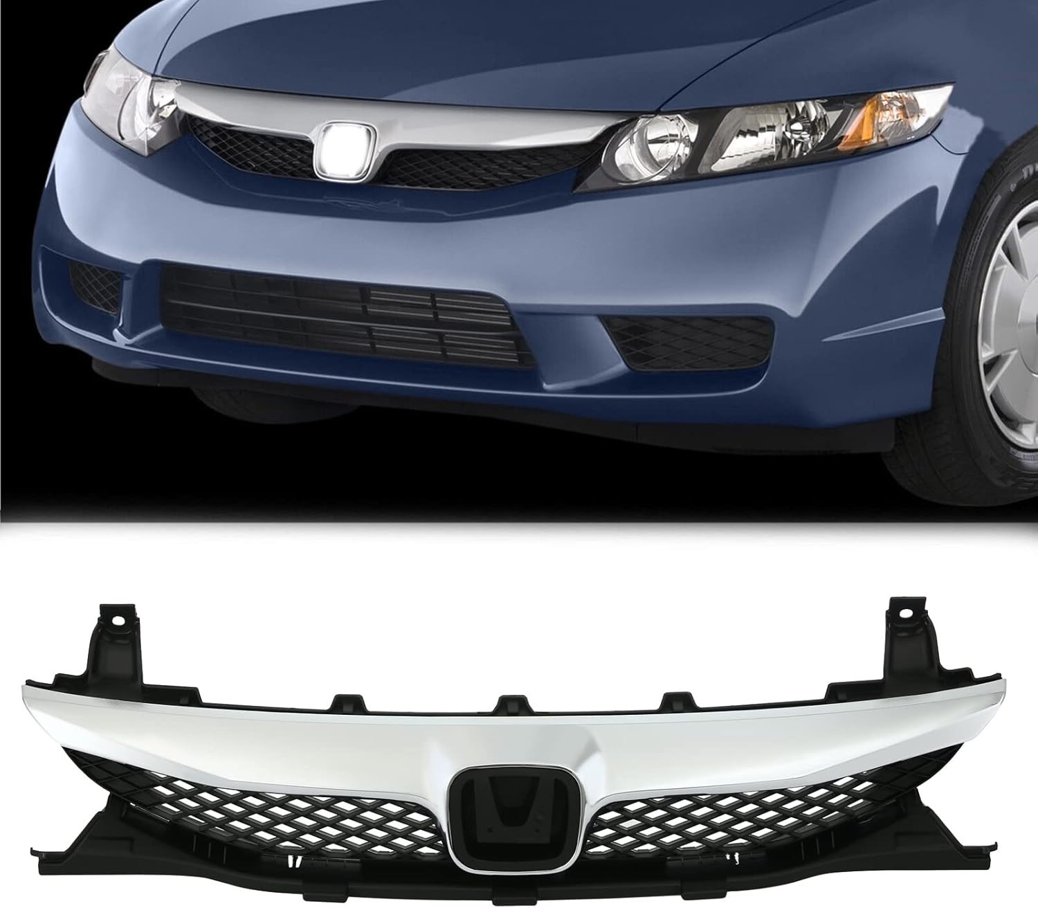 Front Bumper Grille Grill Gloss Compatible With 2009-2011 Honda Civic Sedan Blac