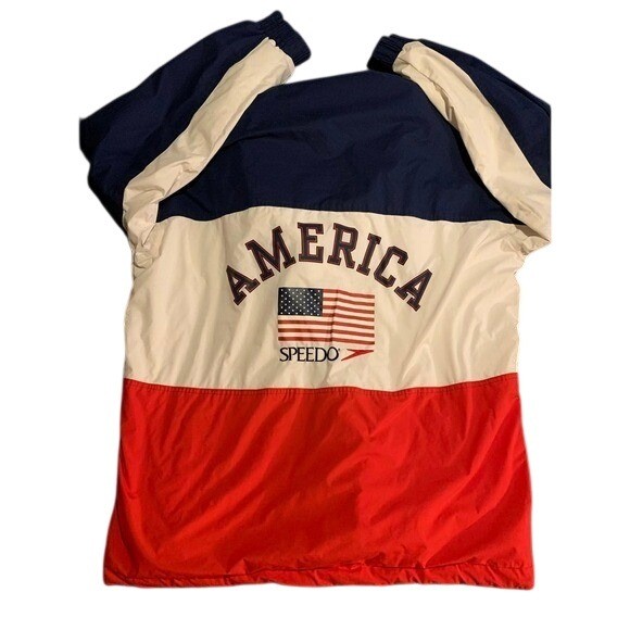 Speedo Men’s USA Flag Windbreaker Jacket Hooded Navy White Red Size L