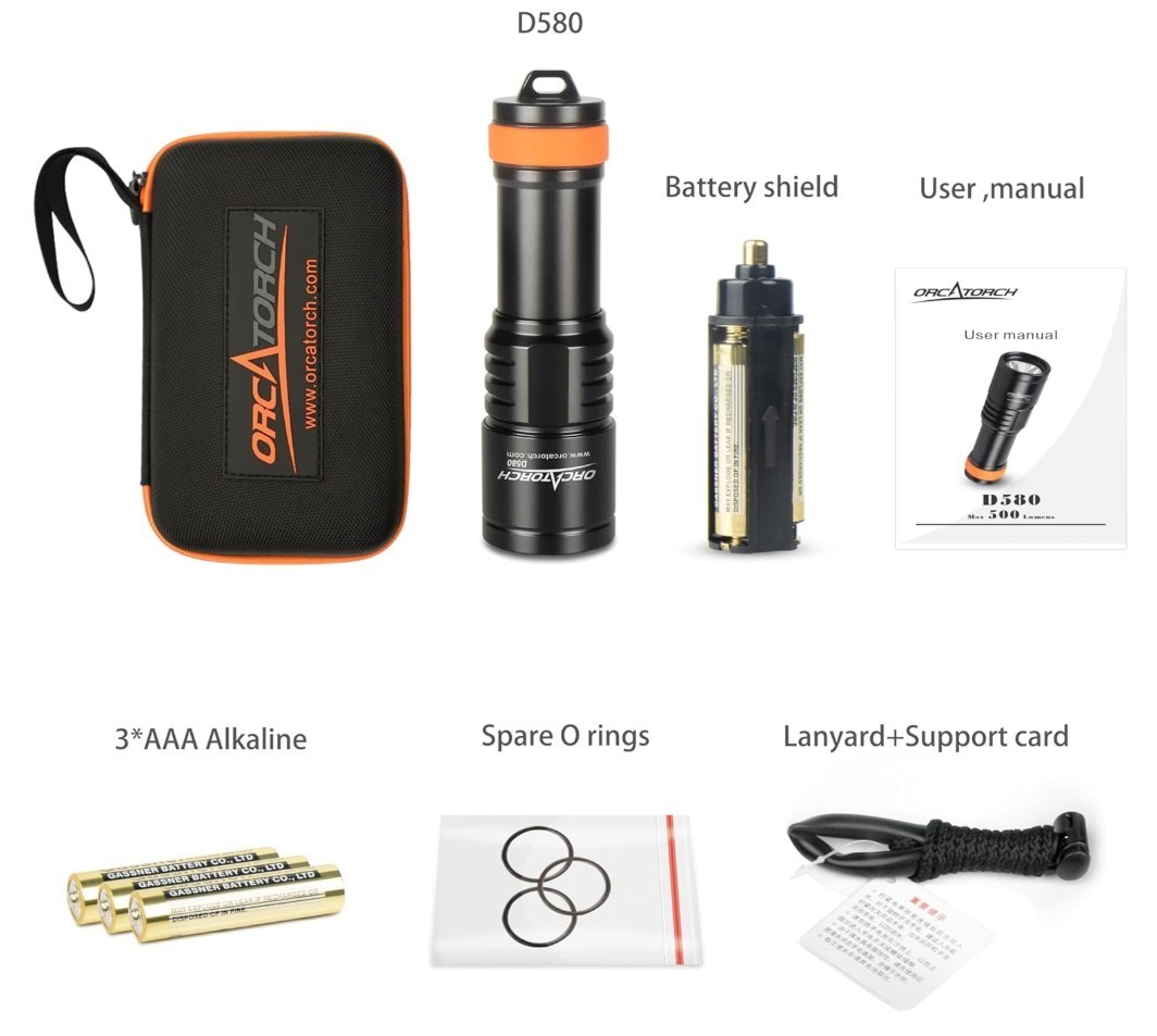 ORCATORCH D580 Scuba Dive Light, Max 530 Lumens Underwater Flashligh w/ 6Degrees
