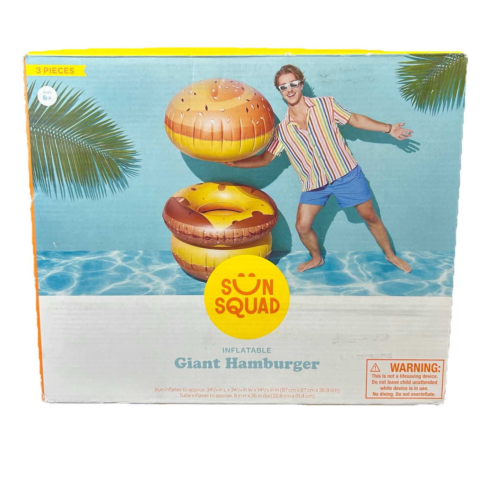 Sun Squad Inflatable Giant Hamburger Pool Float 3-Piece Set Bun Patty Float New