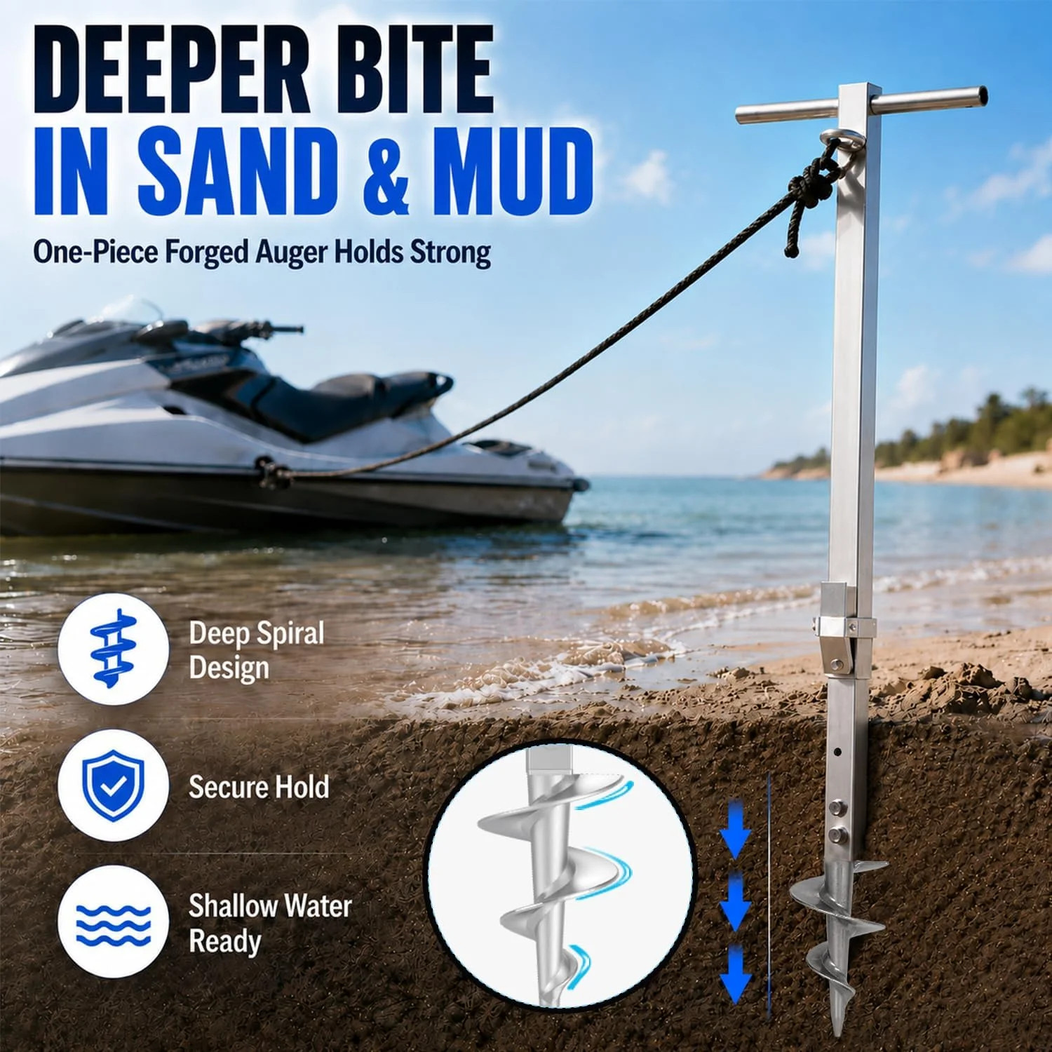 Sand Anchor for Boat, 304 Stainless Steel Heavy Duty Screw in Boat Anchor Pole,