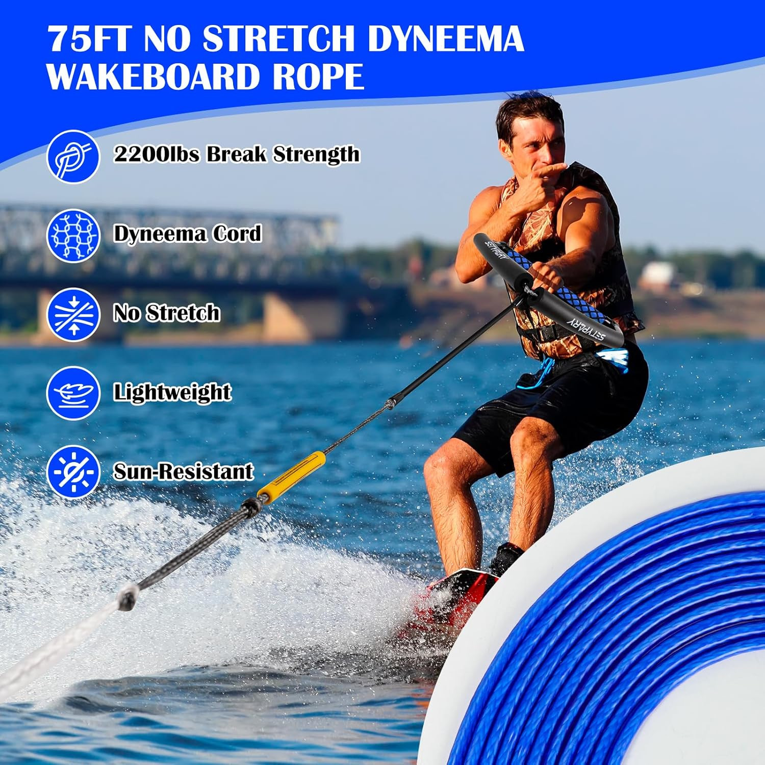 75FT Dyneema Wakeboard Rope Handle 4 Section Floating Tow Rope