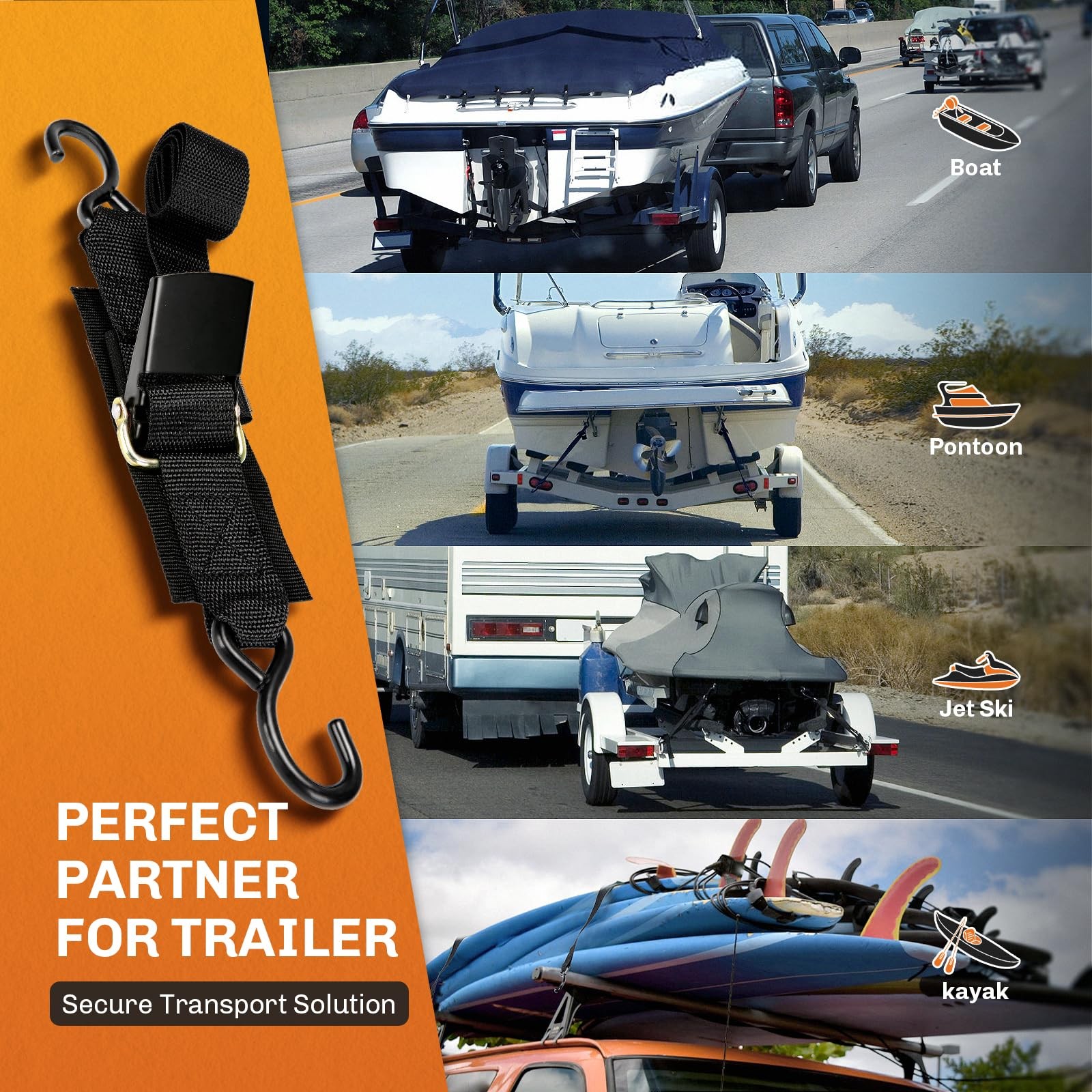 WELLUCK Boat Trailer Transom Tie Downs 2 in x 4 ft/1200lbs（2 pack）, Black