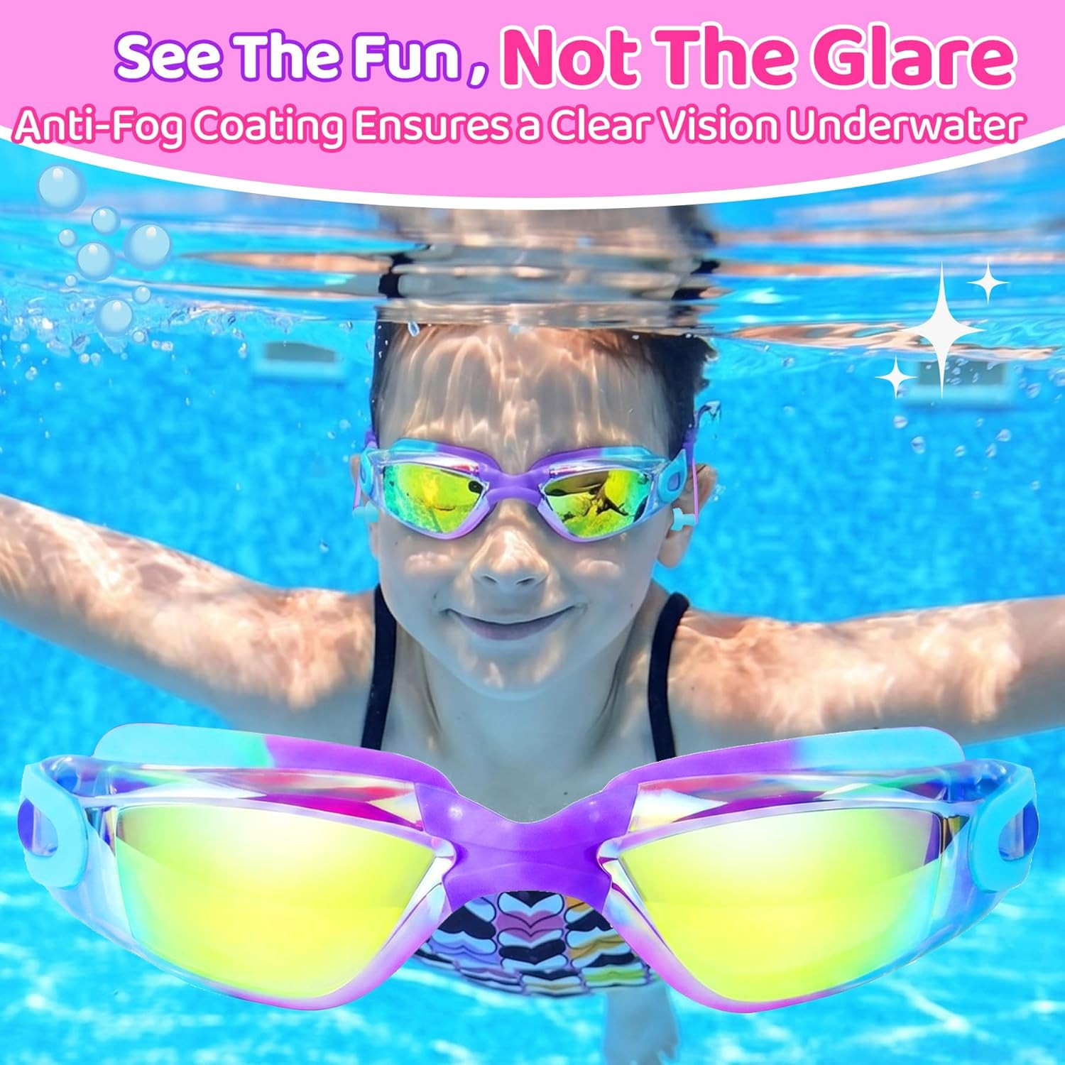 Vvinca Swimming Goggles for Kids 3-15 years-2 Pack, Kids Goggles Anti-Fog/UV No