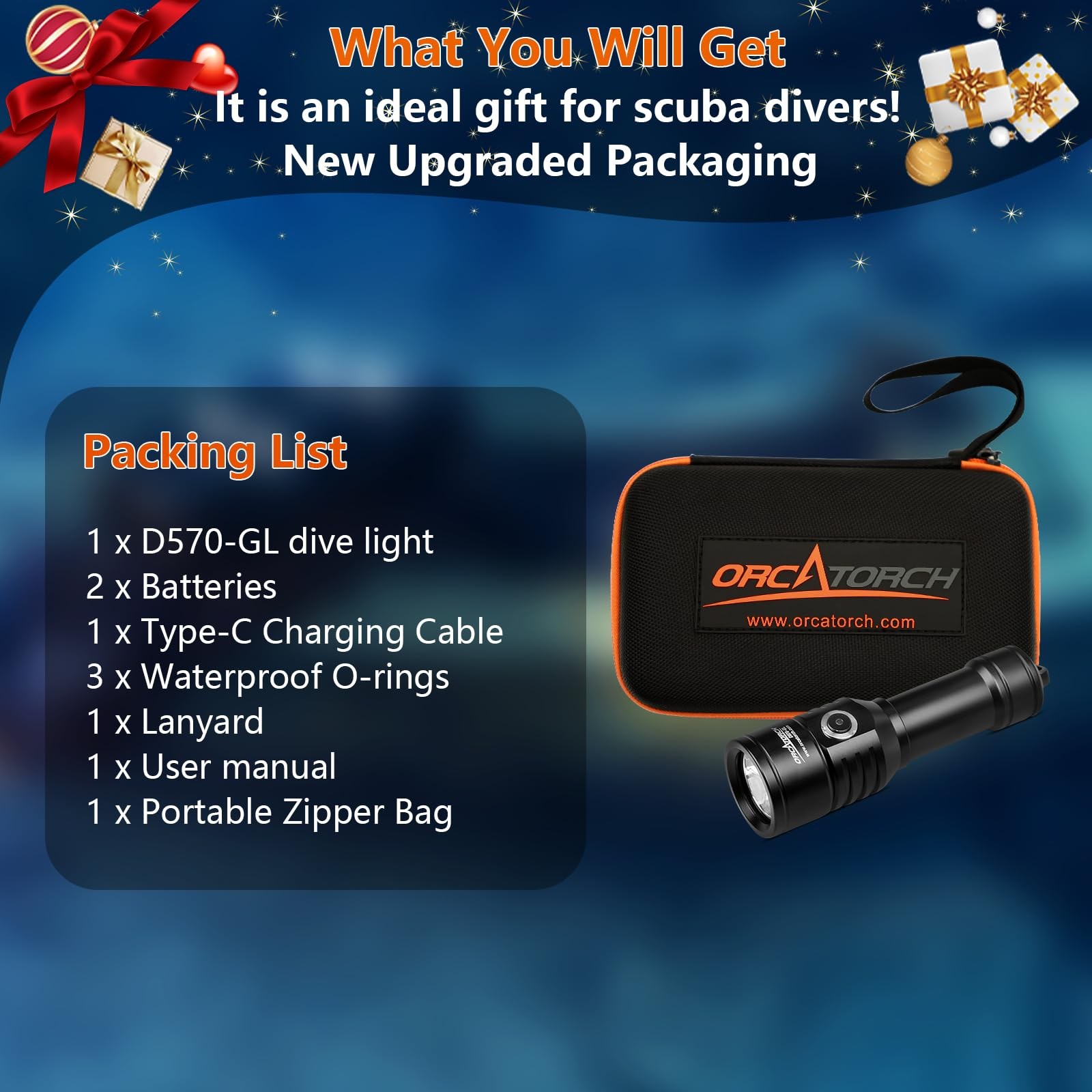 Orcatorch D570-Gl 2.0 2-In-1 Scuba Diving Signal Light 1500 Lumens Underwater