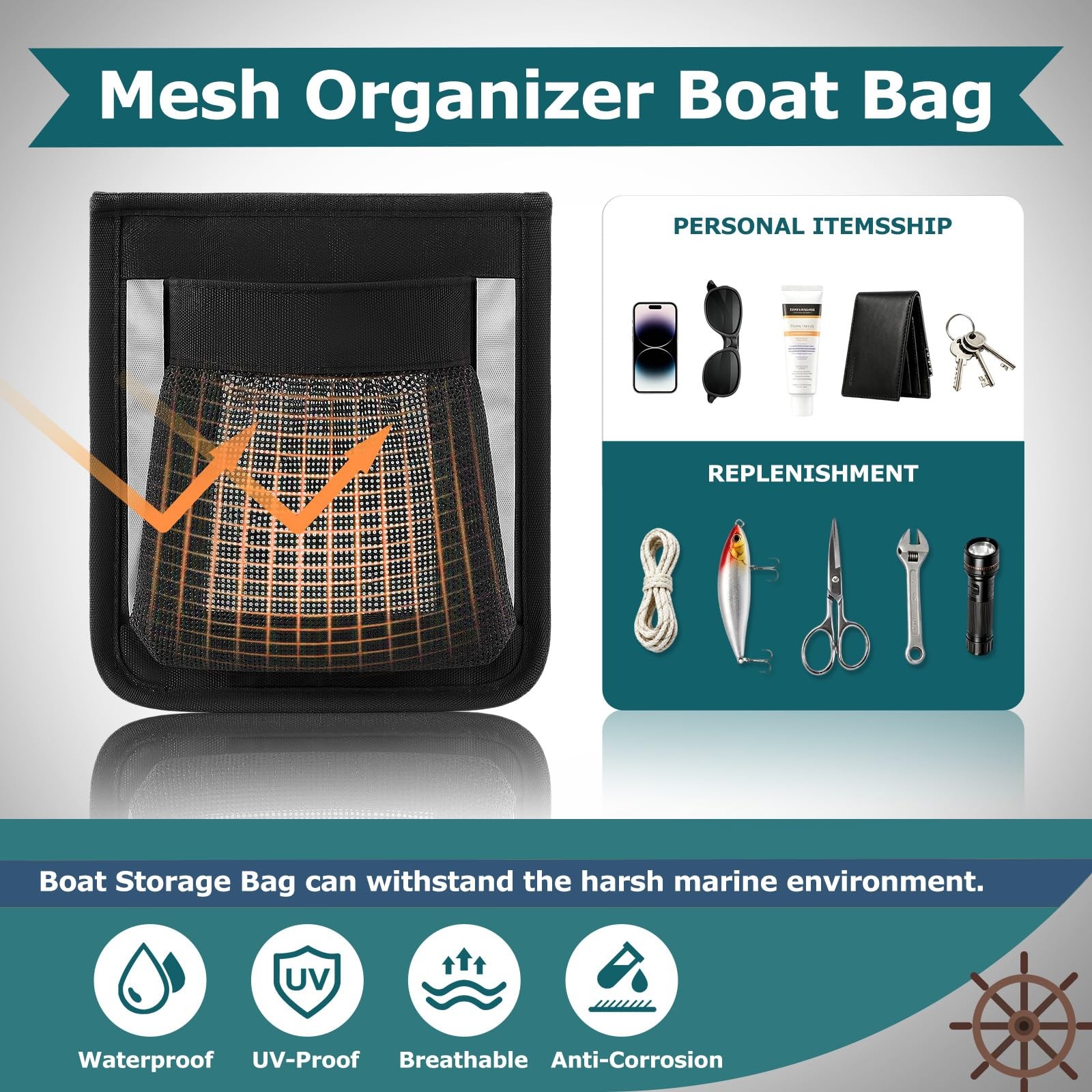 4 PCS Boat Storage Bags 6.5×7.5 Inch SelfAdhesive Mesh Marine Organizer Net