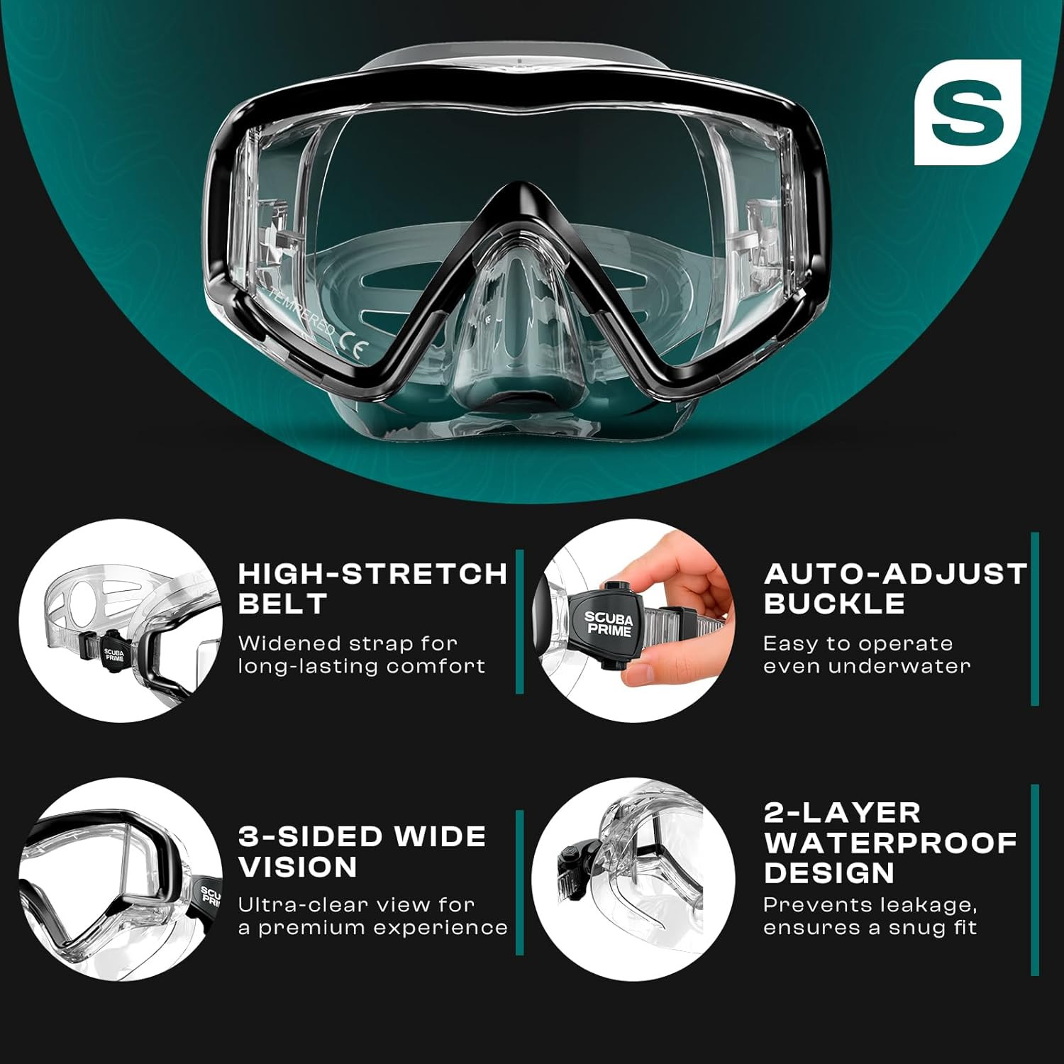 Pano 3 180° Panoramic Dive Mask, Three-Window Tempered Glass Scuba Mask with Dry