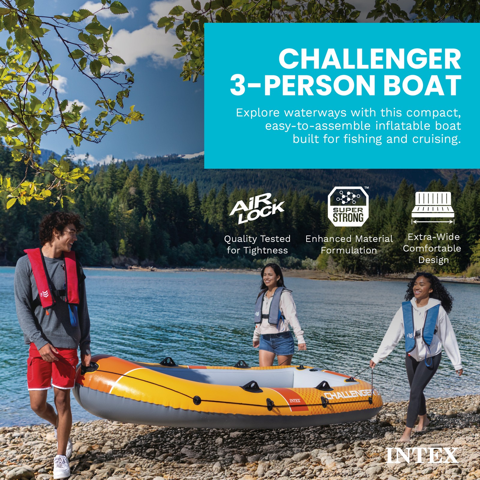 INTEX Challenger 3 Inflatable Boat Set with 54″ Oars, Pump, & Oar Locks (Used)