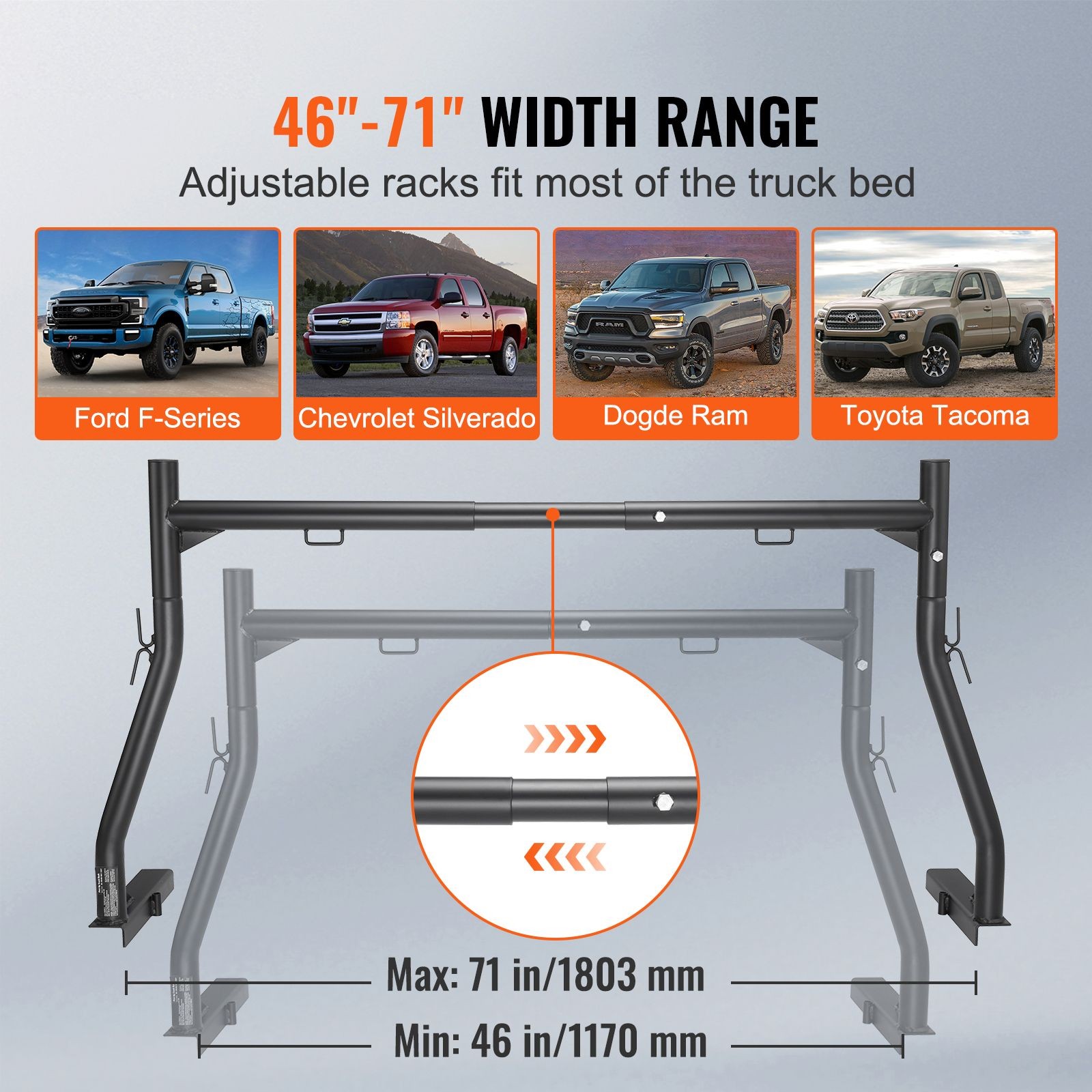 Truck Rack, 46-71inch Extendable Truck Ladder Rack, 800lbs Capacity Steel