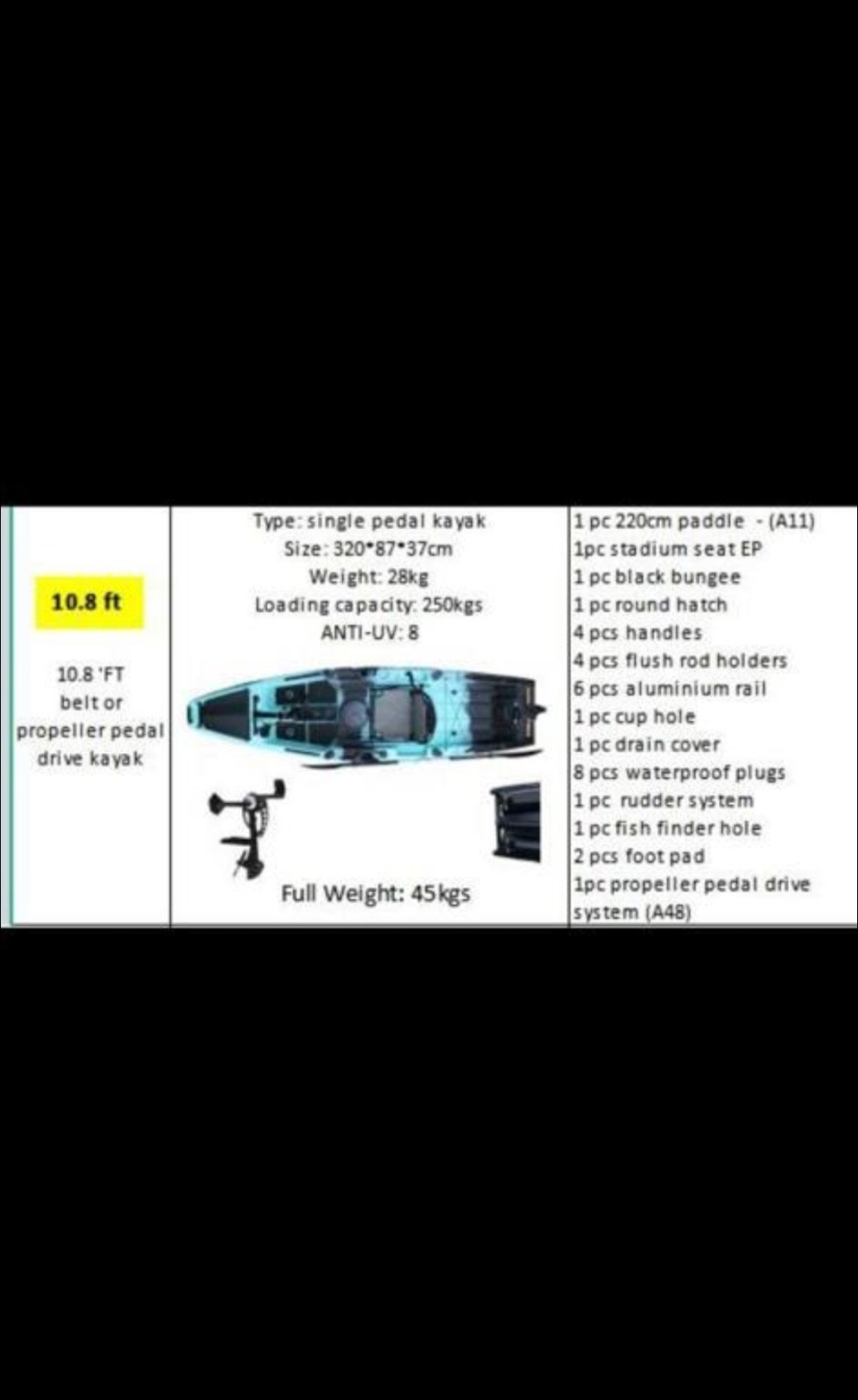 Single pedal kayak / Kayak de pedales individuales 10.8 Foot/ Pies
