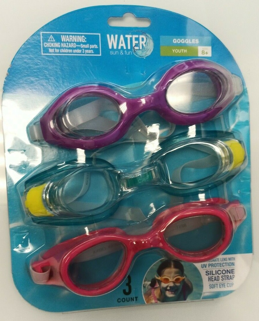 WATER SUN & FUN Swim Goggles Polycarbonate lens w/UV Protection 3 pack Youth 8+