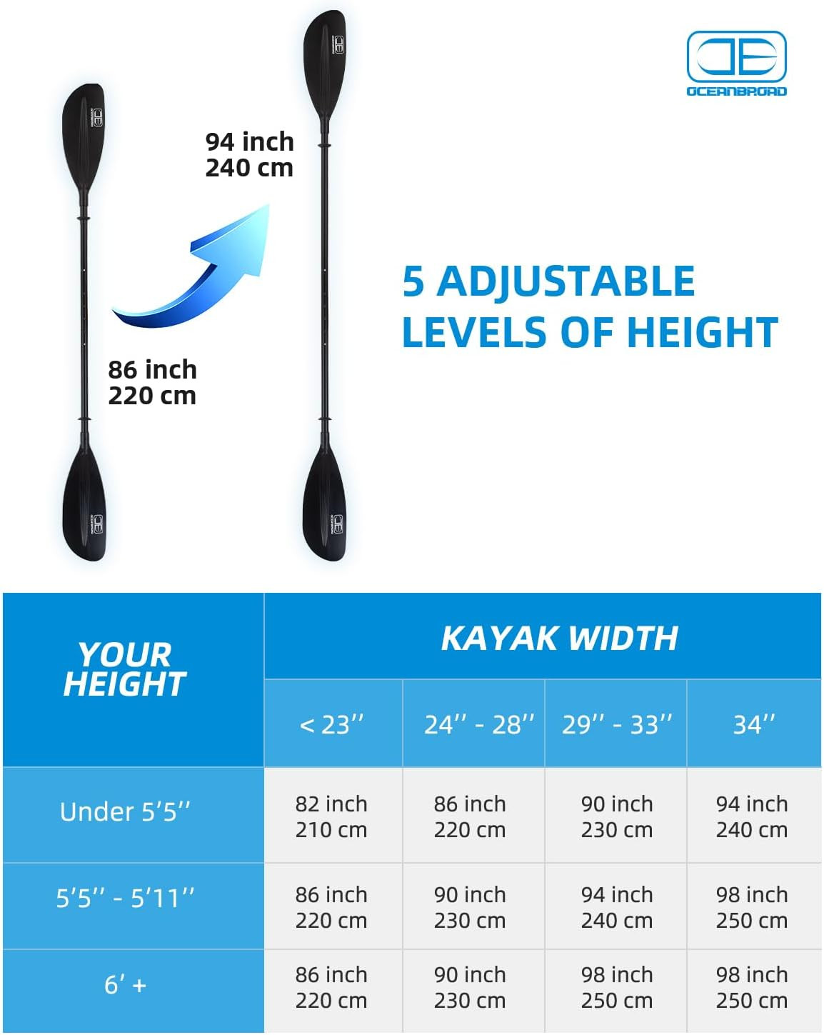 Adjustable Kayak Paddle 86in/220cm to 94in/240cm Kayaking Boating Canoeing Oar w