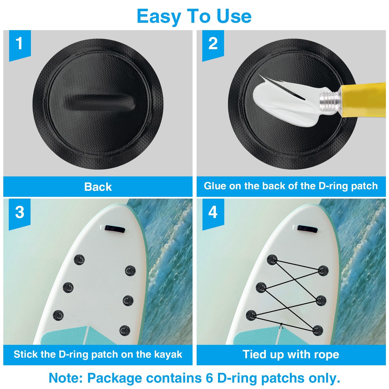 Omoojee Stainless Steel D-Ring Patch Kit, PVC Paddle D-ring×6 Black, Black