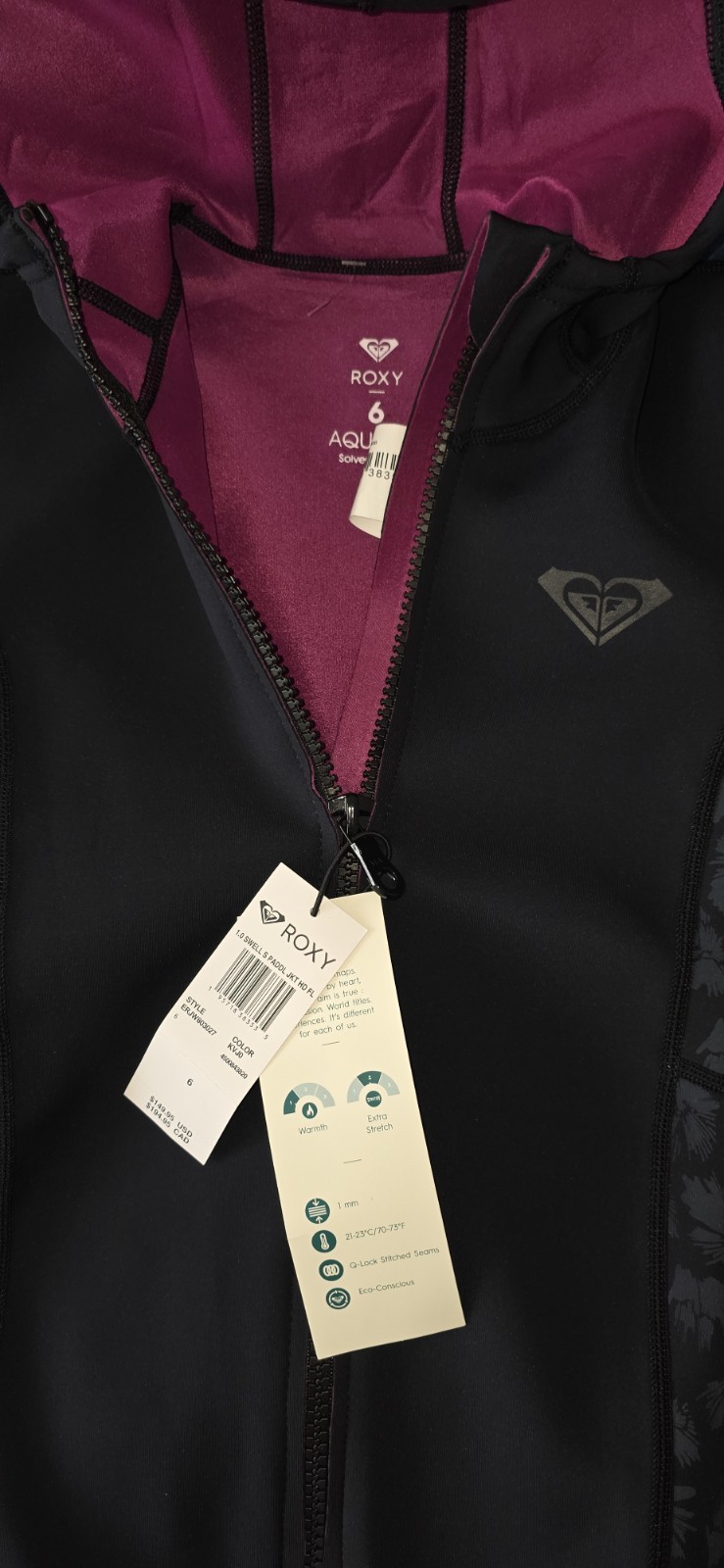 NWT Roxy Wetsuit Womens 1.0 Swell Paddle Hooded Jacket Surf Swim Black 1mm Sz 6