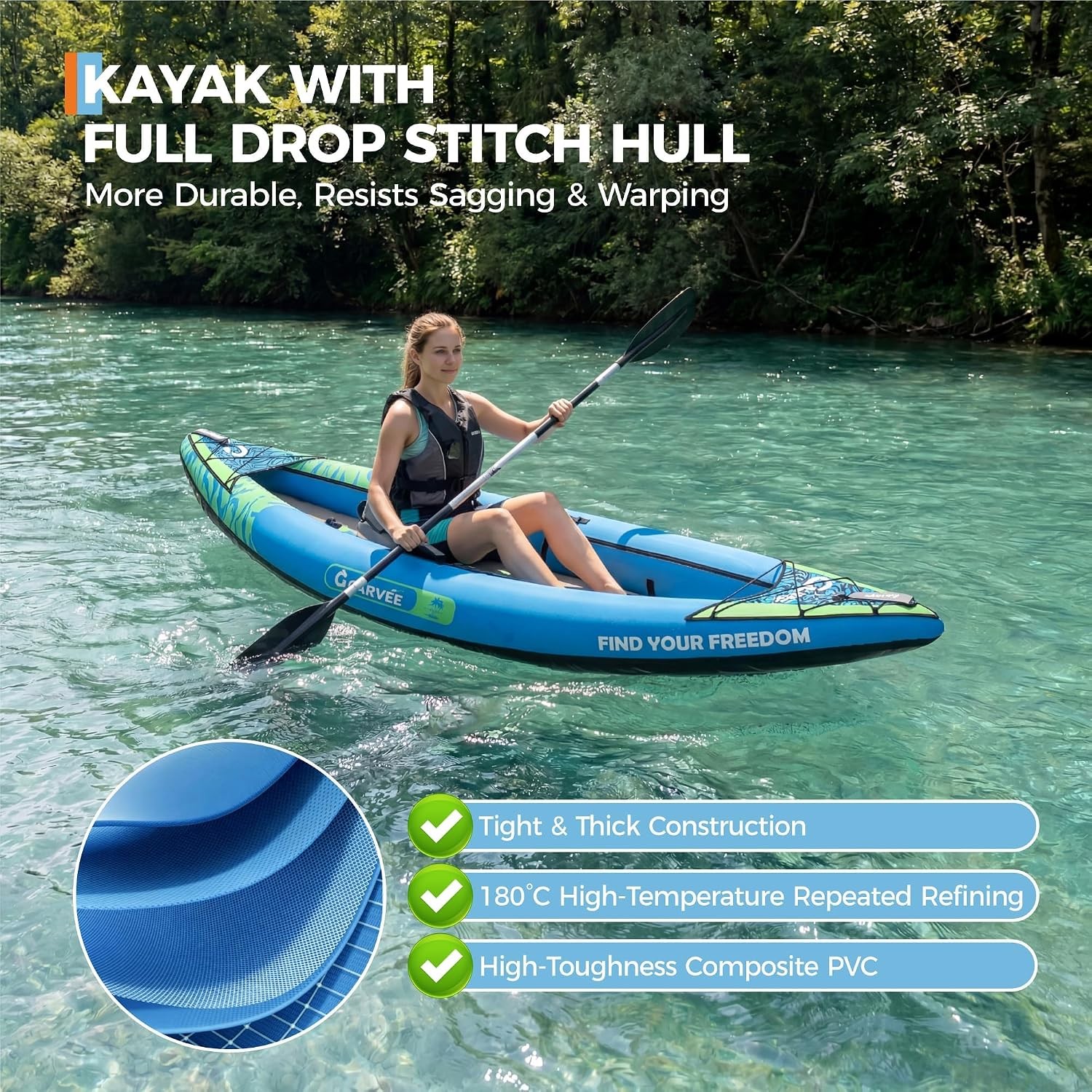 10ft Lightweight Drop Stitch Inflatable Kayak for 1 Adult – 450lbs Capacity