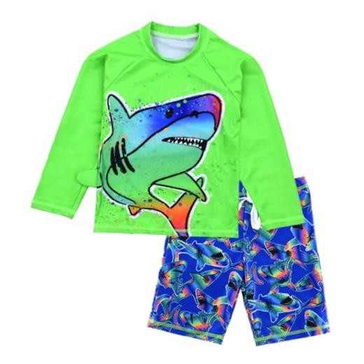 Boys UPF 50+ Long Sleeve Rash Guard and Swim Trunks Outfit Set 3-4T Green Shark