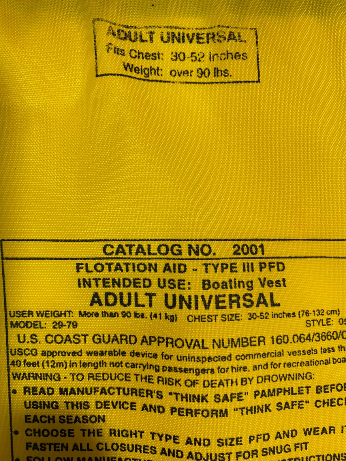 STEARNS COAST GUARD APV. ADULT  LIFE JACKET CHEST size 30-52in OVER 90 LBS
